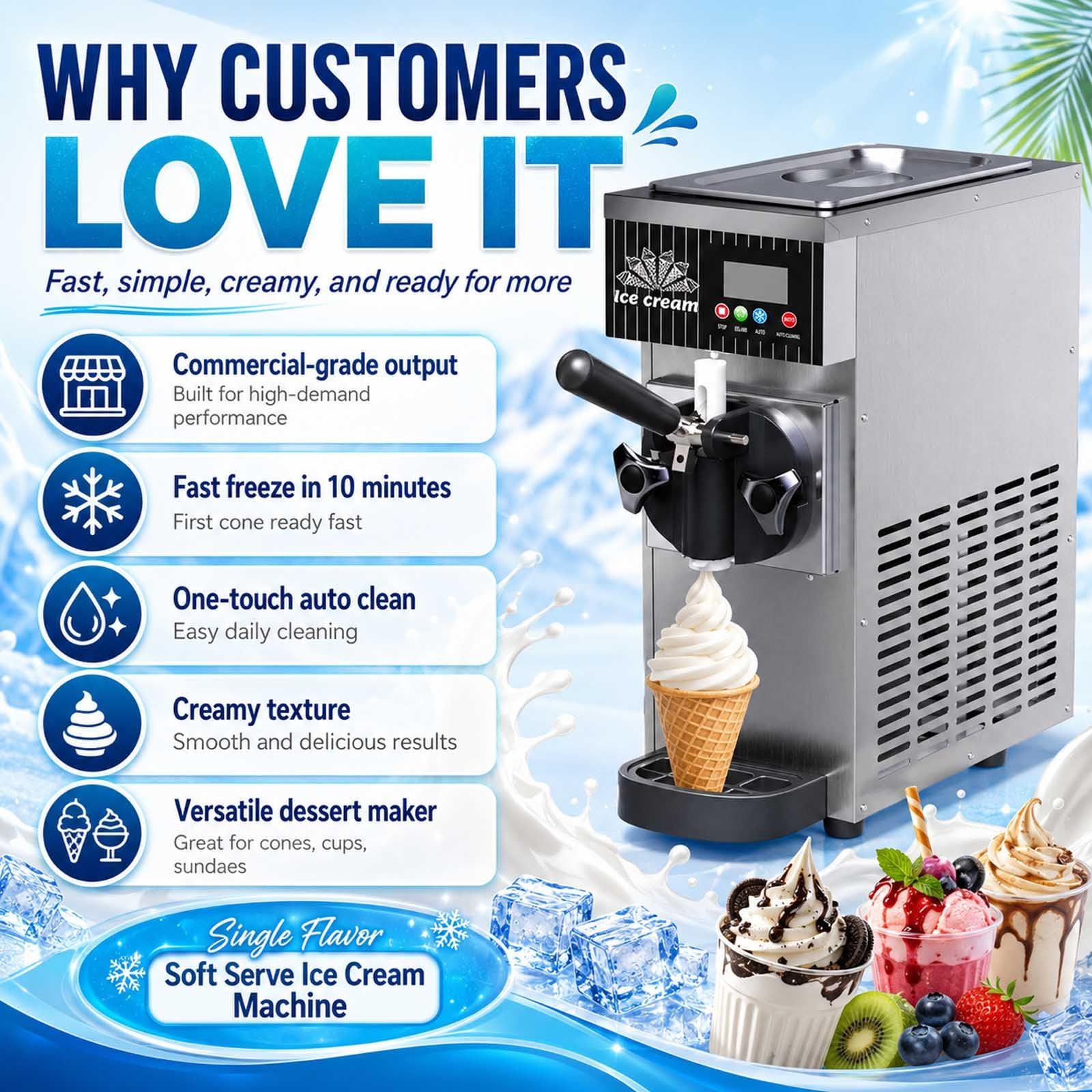 Machine À Glace Italienne 450 W, Trémie 2,5 L, Débit 4–5 L/H Orange