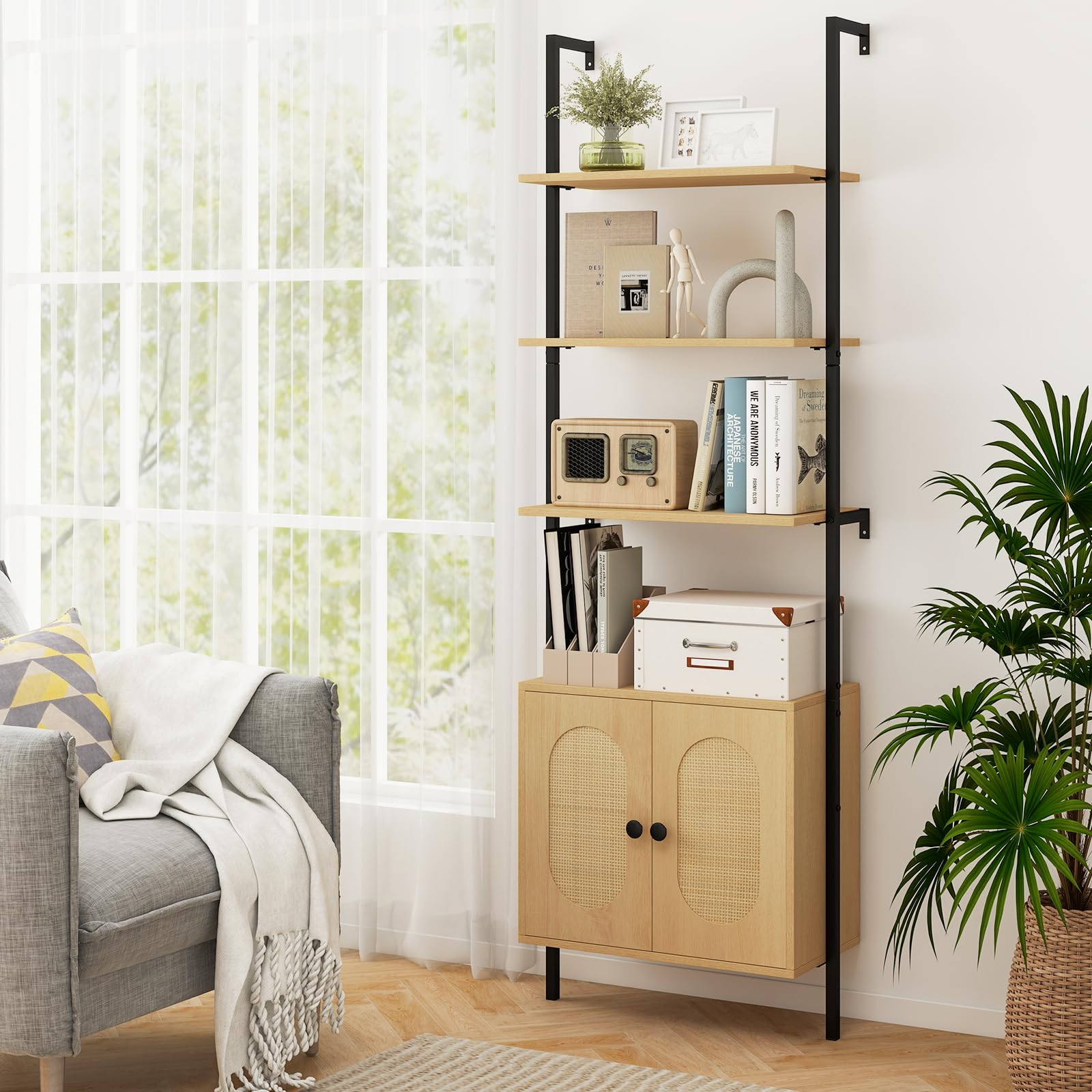 LIFEZEAL Libreria a 3 livelli, 184 cm, scaffale a scala con ripiano regolabile e armadio, mensola portaoggetti con ante in rattan e telaio in metallo per soggiorno, ufficio casa, camera da letto