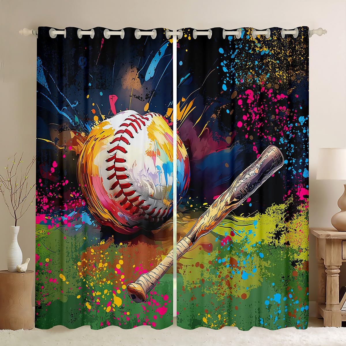 Homemissing Baseball Curtains (2 Panels,W46*L72) For Bedroom Kids Boys Teens Baseball Gaming Window Curtains Sports Game Blackout Curtains Gift for Baseball Lover Window Treatments โ image 1