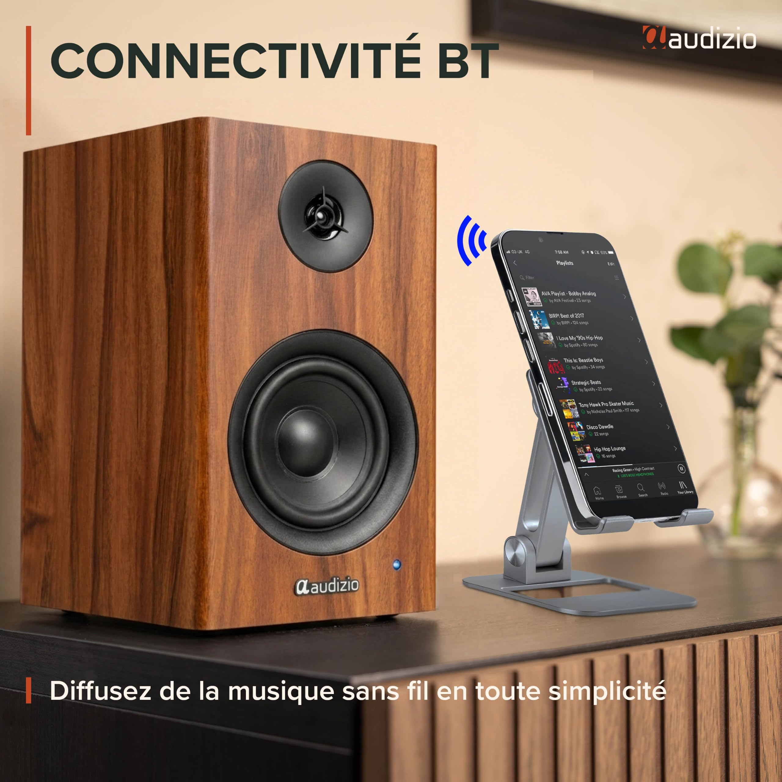 Audizio BS15 Enceintes Bibliothèque BT Actives 60W HiFi avec HDMI Arc Merisier