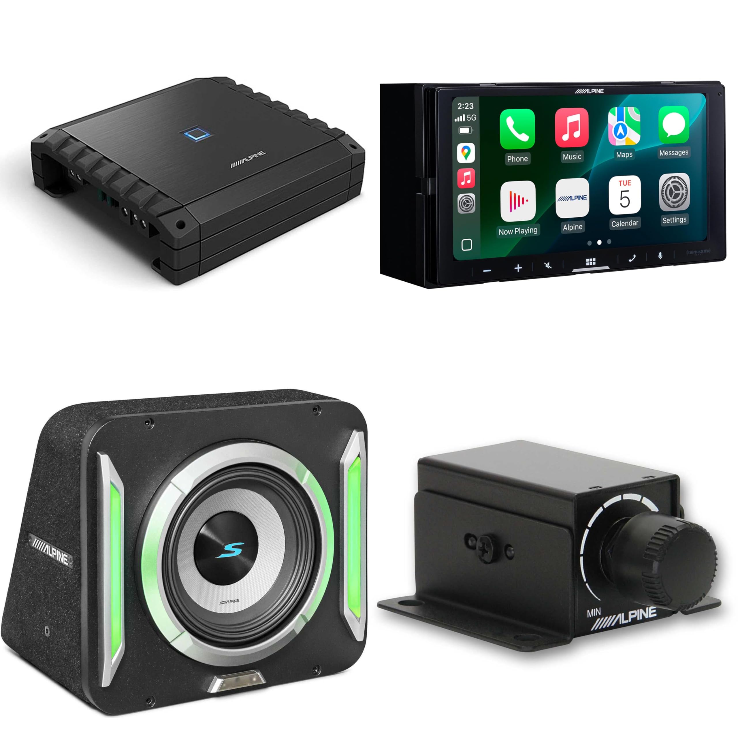 Alpine iLX-W770 Receiver & S2-SB10 PrismaLink S2-Series 10" subwoofer Built-in RGB Lighting & S2-A60M Amplifier w/Rux Bass Knob Bundle