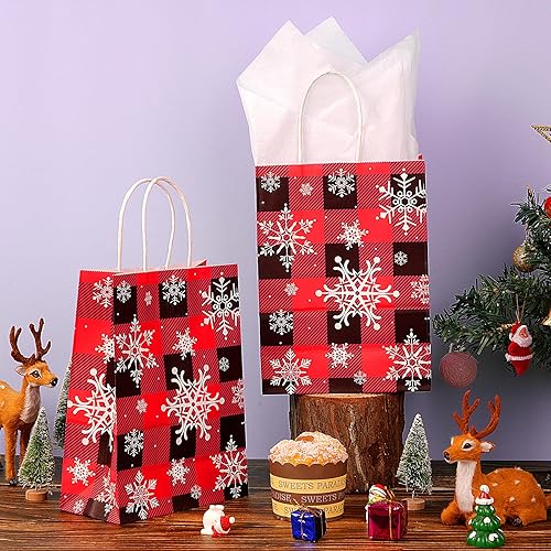 Miniatura 5 de Paquete de 16 bolsas de regalo de Navidad con diseño de copo de nieve para fiestas, bolsas de regalo de búfalo rojo y negro con tejido blanco, bolsa