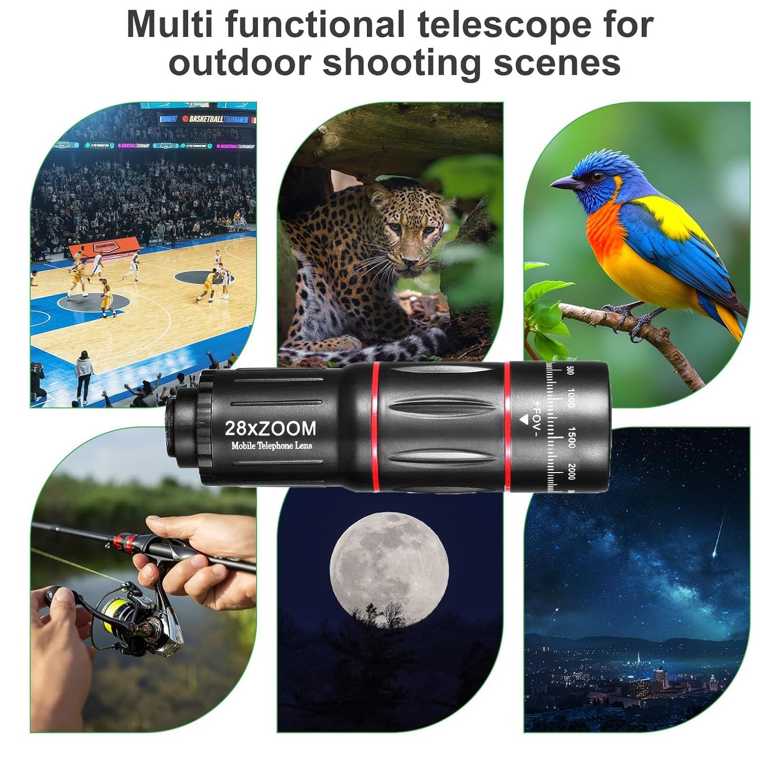 Dpofirs Kit Obiettivi Fotocamera Telefono, Set di Obiettivi Clip Universale 4 in 1 con Teleobiettivo 28X, Grandangolo 0,6X, 20X, Macro, Obiettivo Fisheye 198°, Morsetto Regolabile e