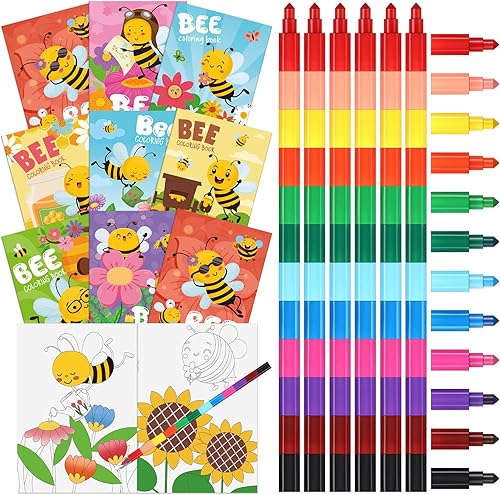 Funrous 24 juegos de libros para colorear de abejas a granel con crayones apilables, páginas de dibujo de primavera, flores, mariposas, panal de