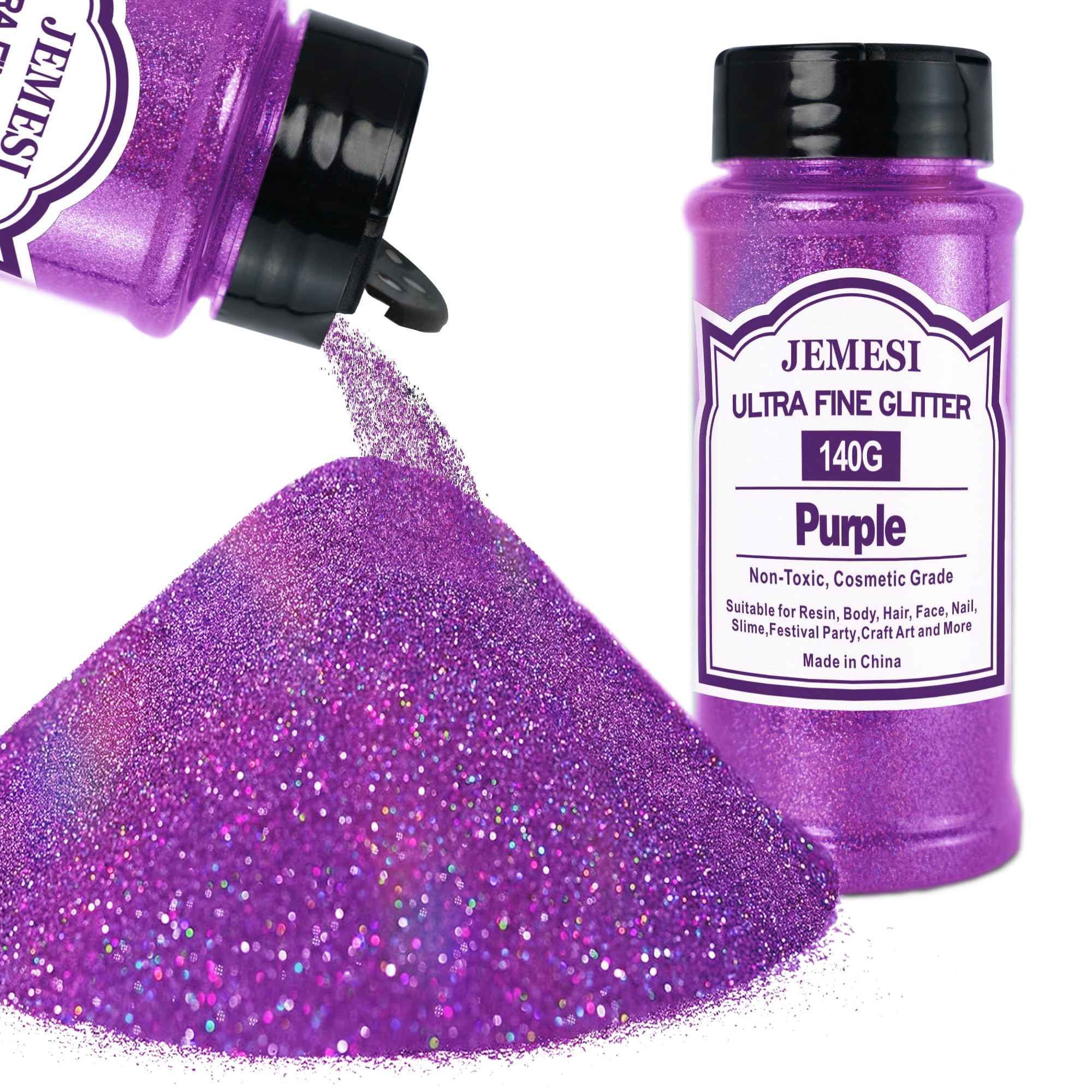 Glitter Olografici Ultrafini, Glitter Di Bellezza,Viola colore140g, Adatti Per Capelli, Viso, Corpo, Unghie e Trucco Natalizio. Adatti Anche Per Resina Epossidica, Vetro e Lavori Artigianali.