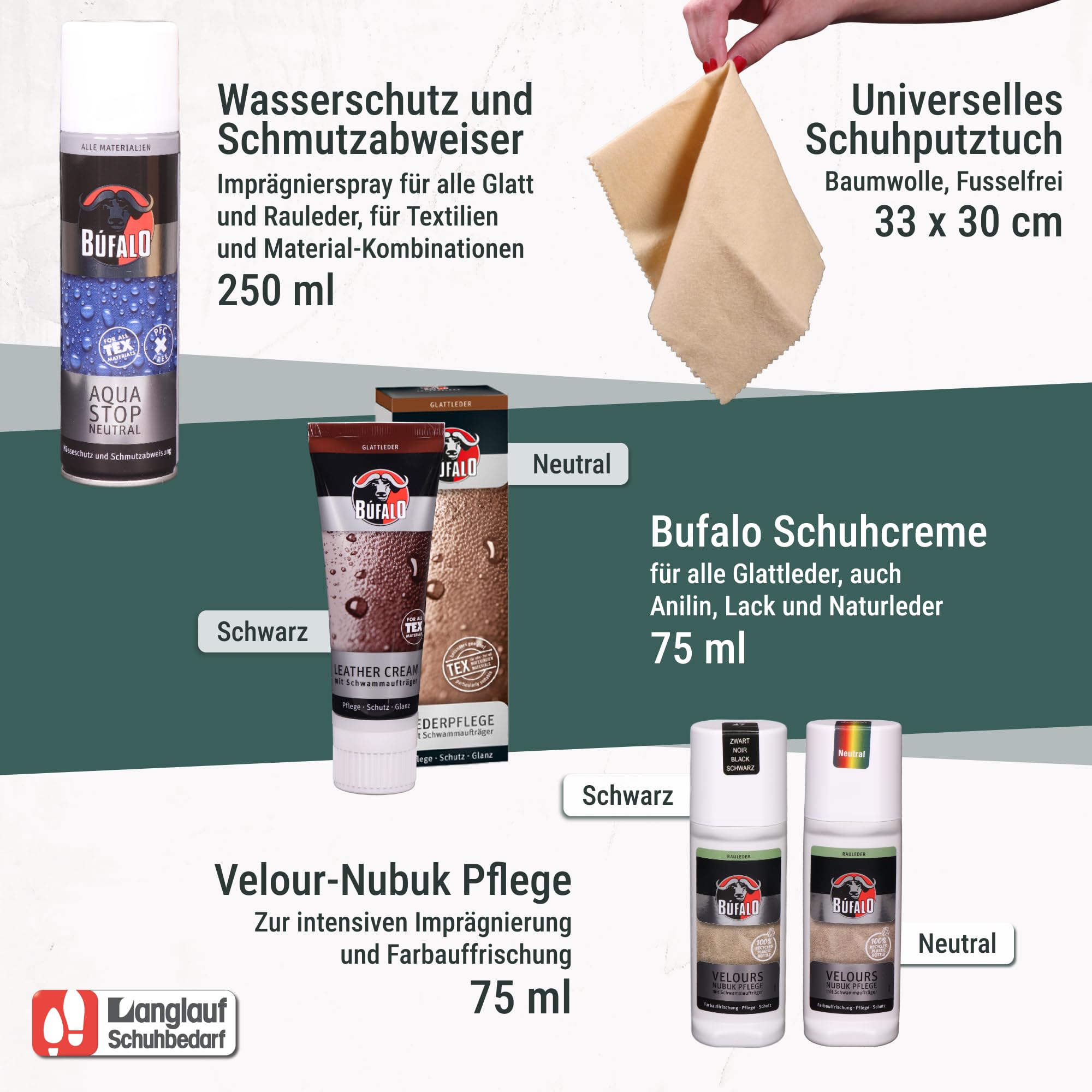 Langlauf Schuhputzset Bologna 15-teilig mit Bürsten, Cremes und Holzkasten | Schuhpflegeset mit Rosshaar-, Nubuk- und Wildlederbürsten sowie Pflegeprodukten für Glattleder, Nubuk und Veloursleder