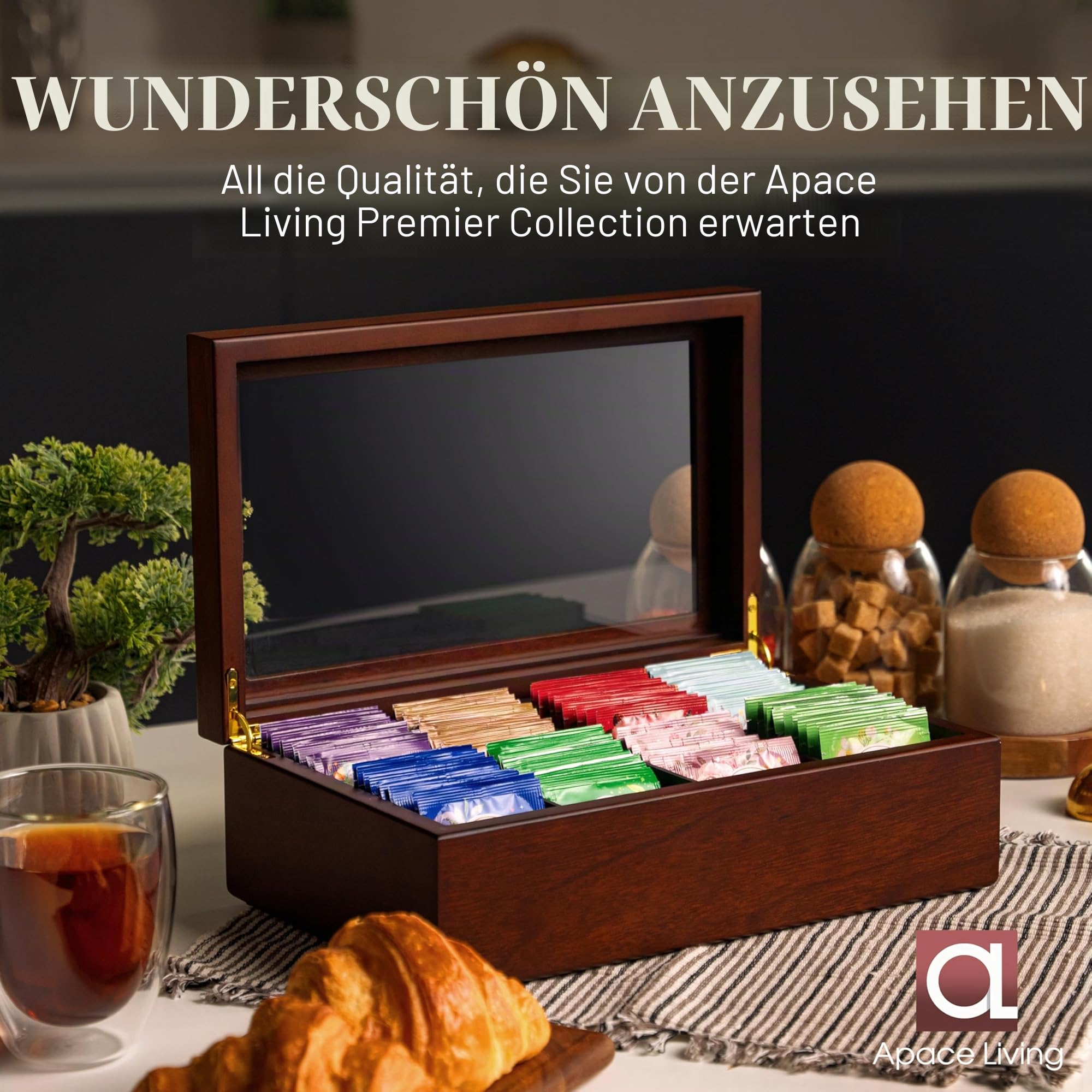 Tee Box von Apace Living - Luxeriöse Tee Aufbewahrung Box Holz – 8 Fächer für die Aufbewahrung von Teebeuteln - Handgefertigte Teebox mit kratzfestem Sichtfenster – Elegante Teebeutel Aufbewahrungsbox