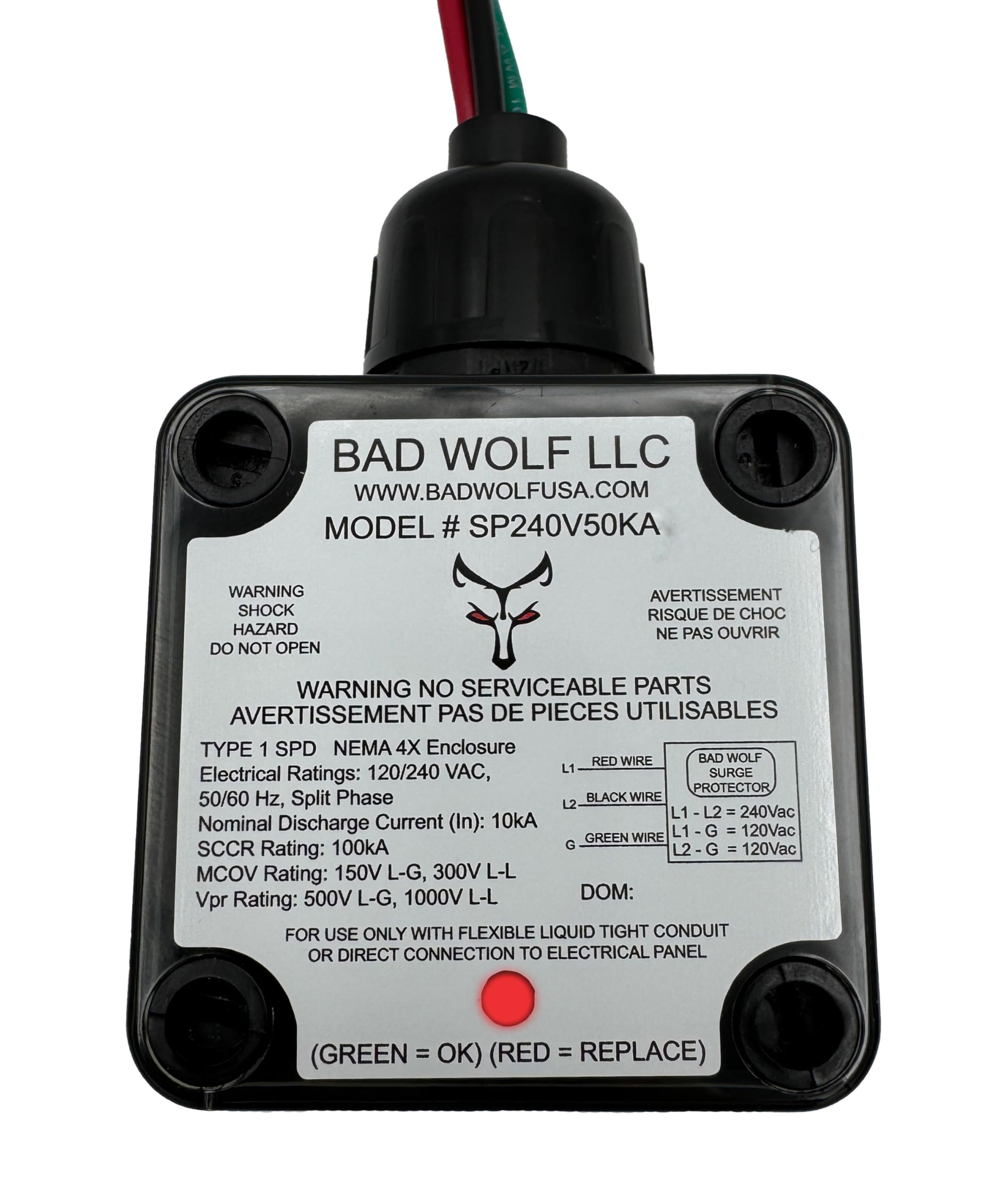 Type 1 Surge Protector, 120/240VAC Split Phase, 50kA ITMOV Technology, 2.5 x 2.5 x 2.25 inches, NEMA 4X Waterproof Enclosure