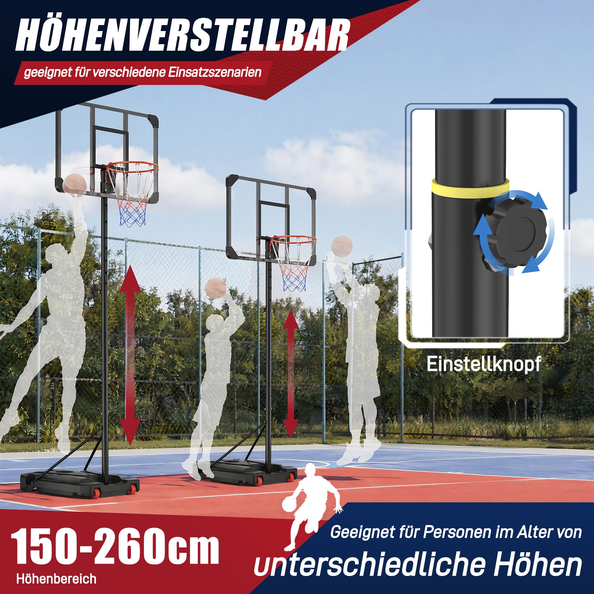 YRHome Basketballkorb PE-Rahmen Outdoor Basketballkorb Nachfüllbare Basis Basketballständer 150-260cm höhenverstellbar mit eingebaute Räder Für Erwachsene