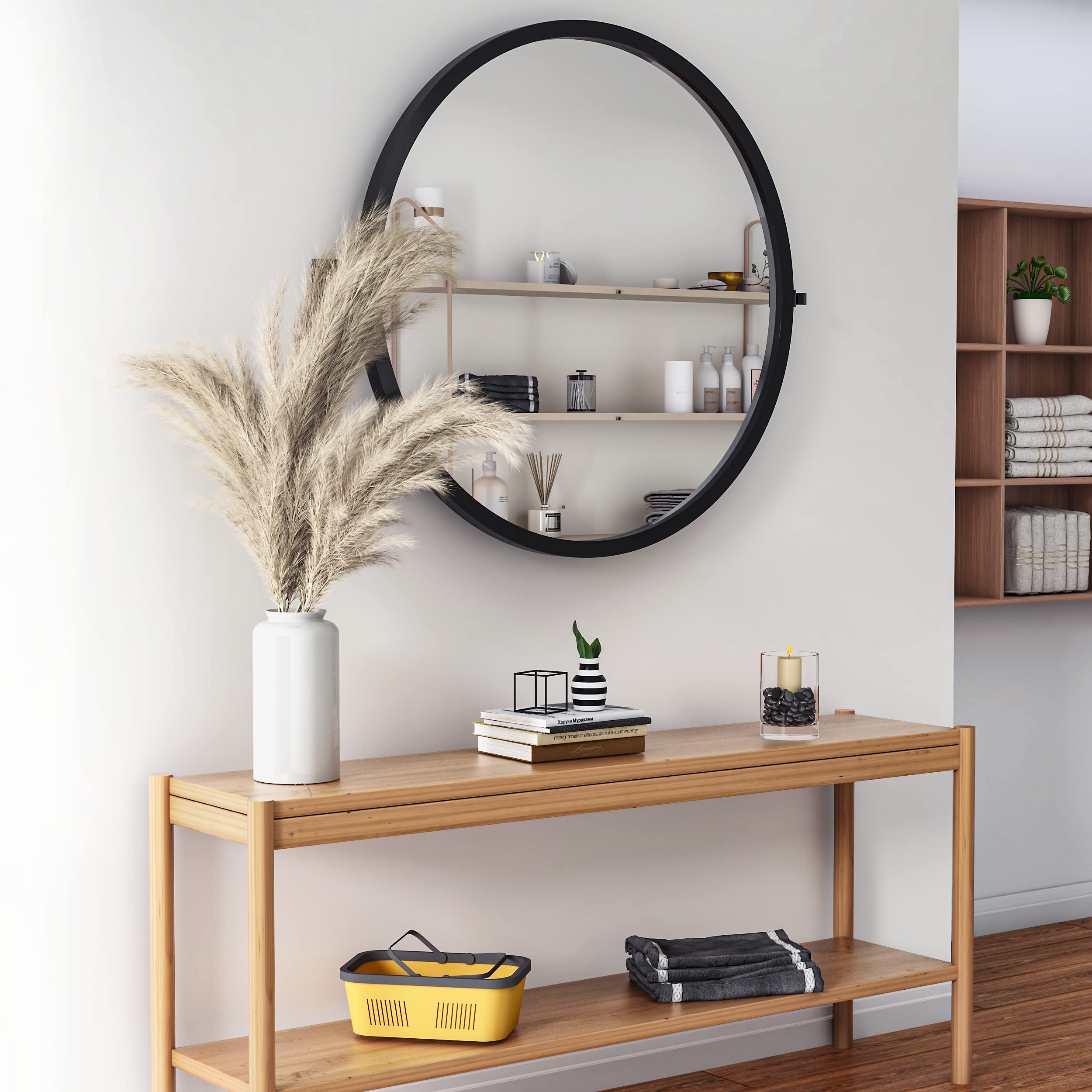 NXHOME 31.5 inch Black Bathroom Pivot Mirror for Wall, Adjustable Farmhouse Vanity Mirror Metal Framed Round Wall Mirror