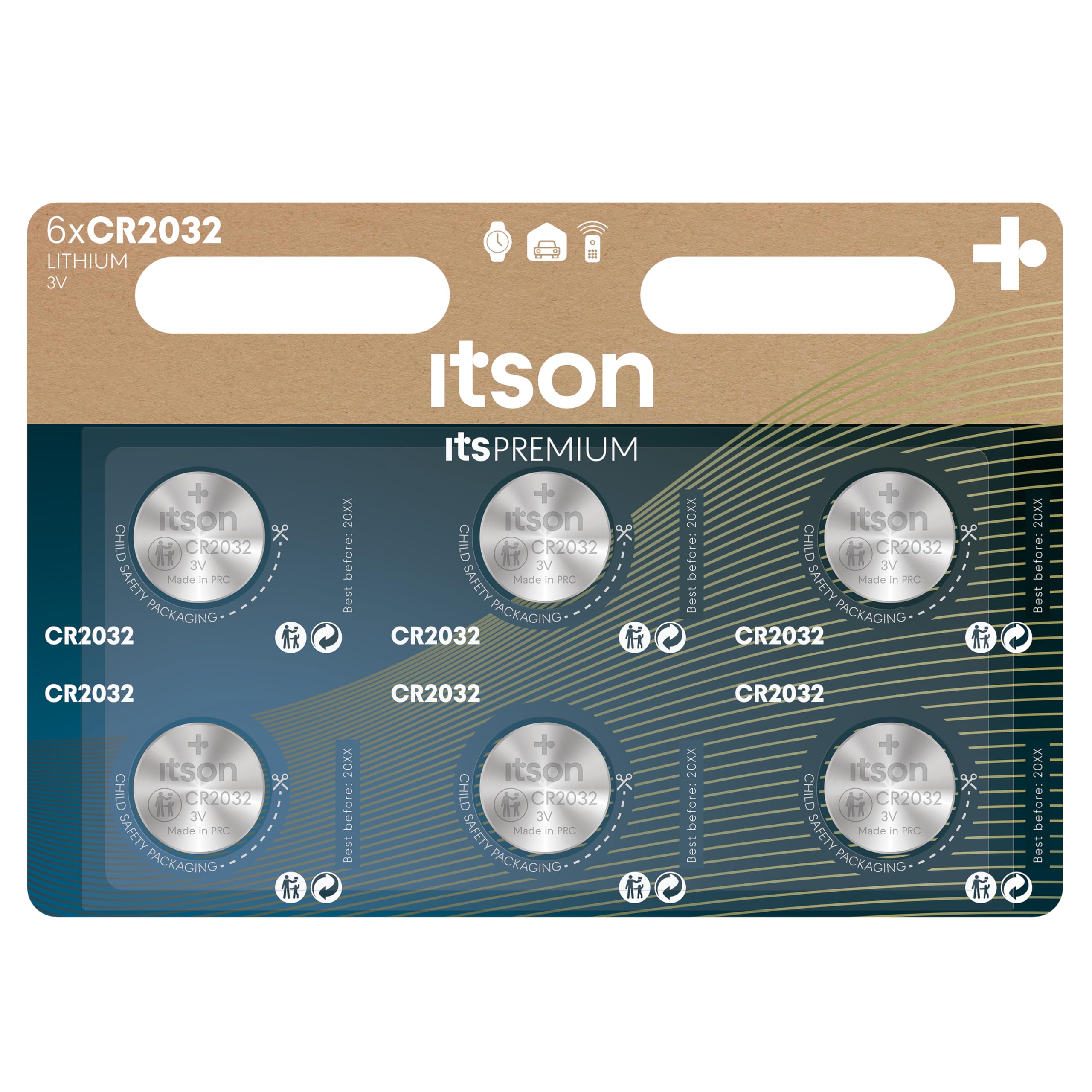 ITSON, CR2032 battery, 3V, coin lithium battery, pack of 6, best for car keys, watches and heart rate monitors