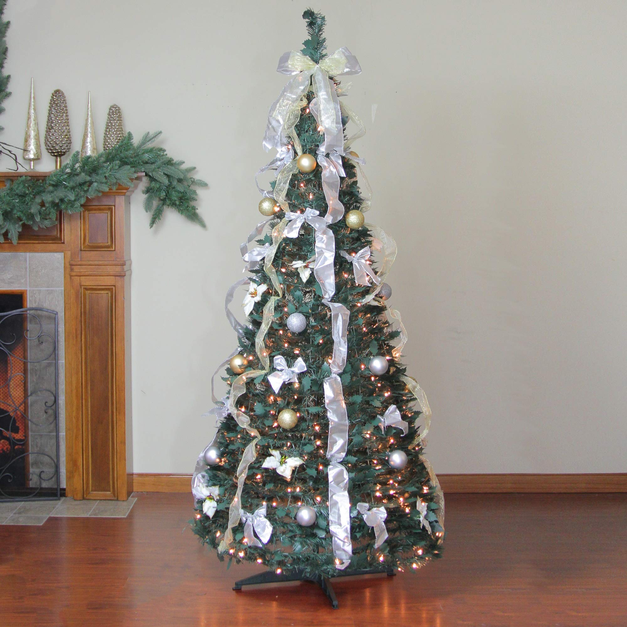 Northlight Lit Pre-Decorated Pop-Up Artificial Christmas Tree Clear Lights, 6', Silver and Gold