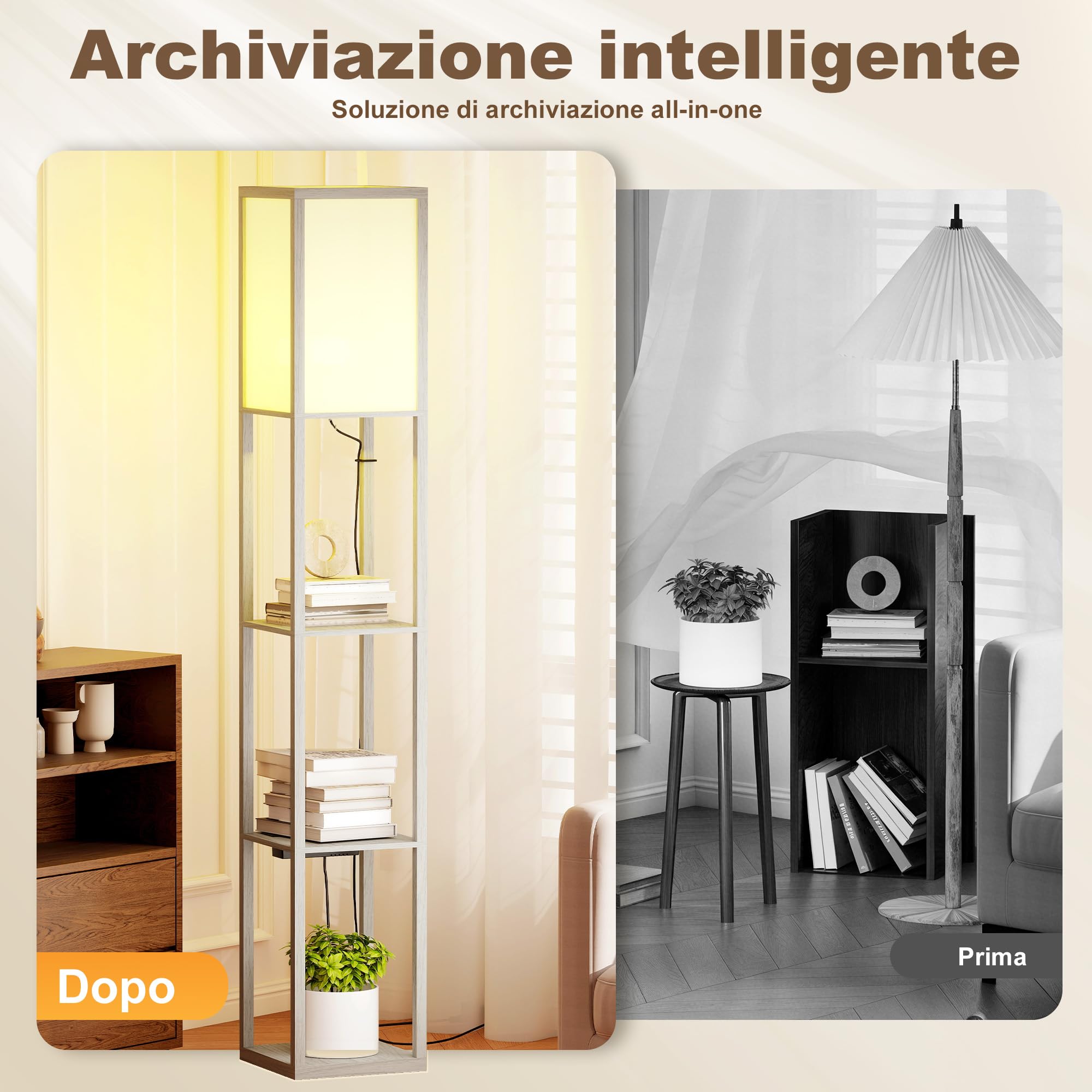 HOMCOM Lampada da Terra LED con Ripiani, Lampada Moderna con Interruttore a Pedale e Porte USB, Temperatura della Luce Regolabile per Soggiorno e Camera da Letto, Bianco e Rovere