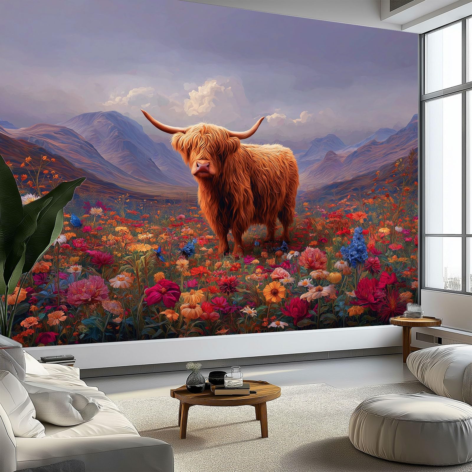 Fototapeta z włókniny rustykalna krowa górskie kwiaty dzikie kwiaty, tapeta 200 x 140 cm do pokoju dziecięcego sypialni salonu łazienki, wielokolorowa