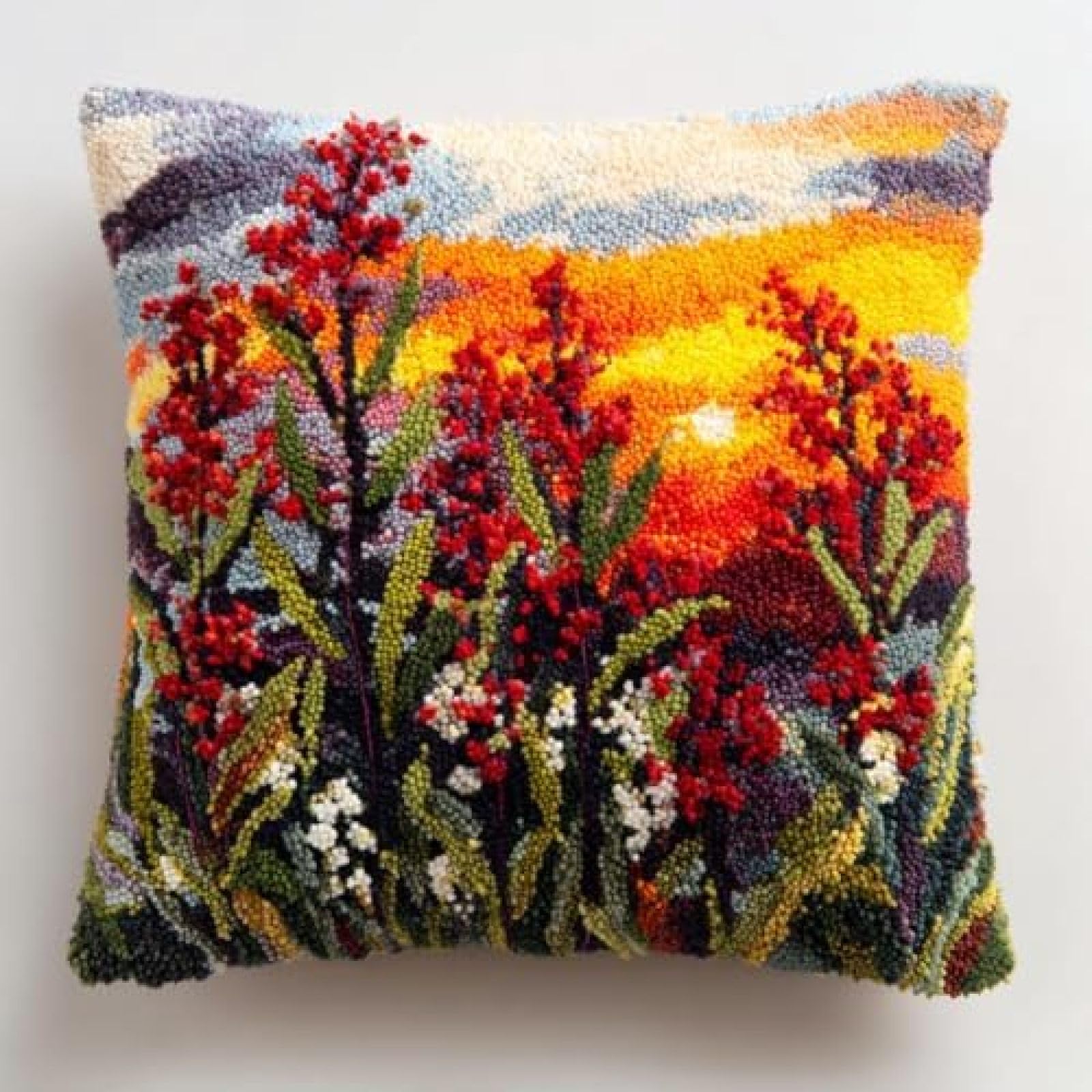 kitphoenix DIY Latch Hook Cushion Kit Nandina Flowers and Sunset,Beginner-Friendly Rug Hooking Pillow Kit,Crochet Craft Cushion Cover for Home Decor,43x43 cm-2