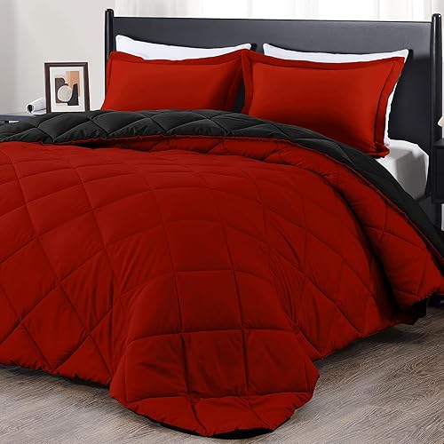 Downluxe Juego de edredón King rojo y negro, ropa de cama suave para todas las estaciones, 3 piezas, 1 edredón de 104 x 92 pulgadas y 2 fundas de