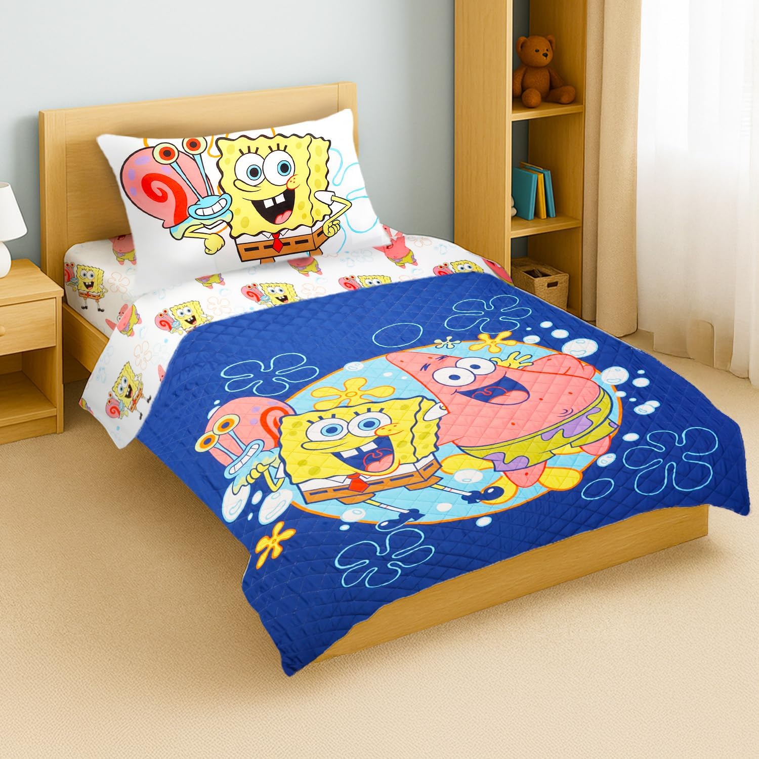 Spongebob Twin Bedding Set Underwater Vibes - Bundle of Spongebob Bedspread, Flat Sheet, Fitted Sheet, Pillowcase, Stickers, More | Room Decor - Image 2