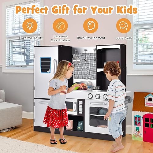 Miniatura 2 de HOMGX - Juego de juguetes de cocina multifunción para niños, juego de juguete de chef de madera con microondas, estufa, fregadero, grifo, armario de