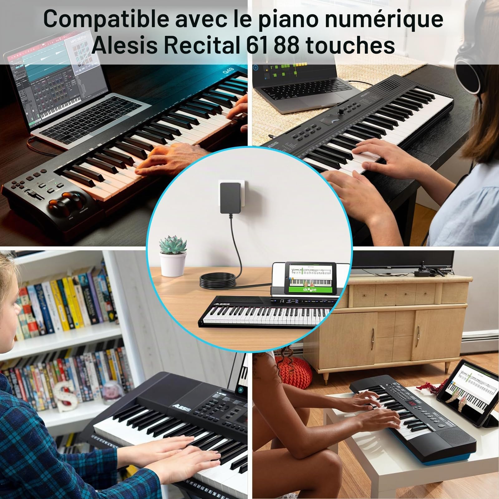 Adaptateur 12V pour Clavier Piano numérique Williams Legato Plus 88 Touches | Pour Alesis Recital 88-Key 61-Key Digital Piano Keyboard with Full-Sized Keys IO 14 IO 26 Recording Interfac
