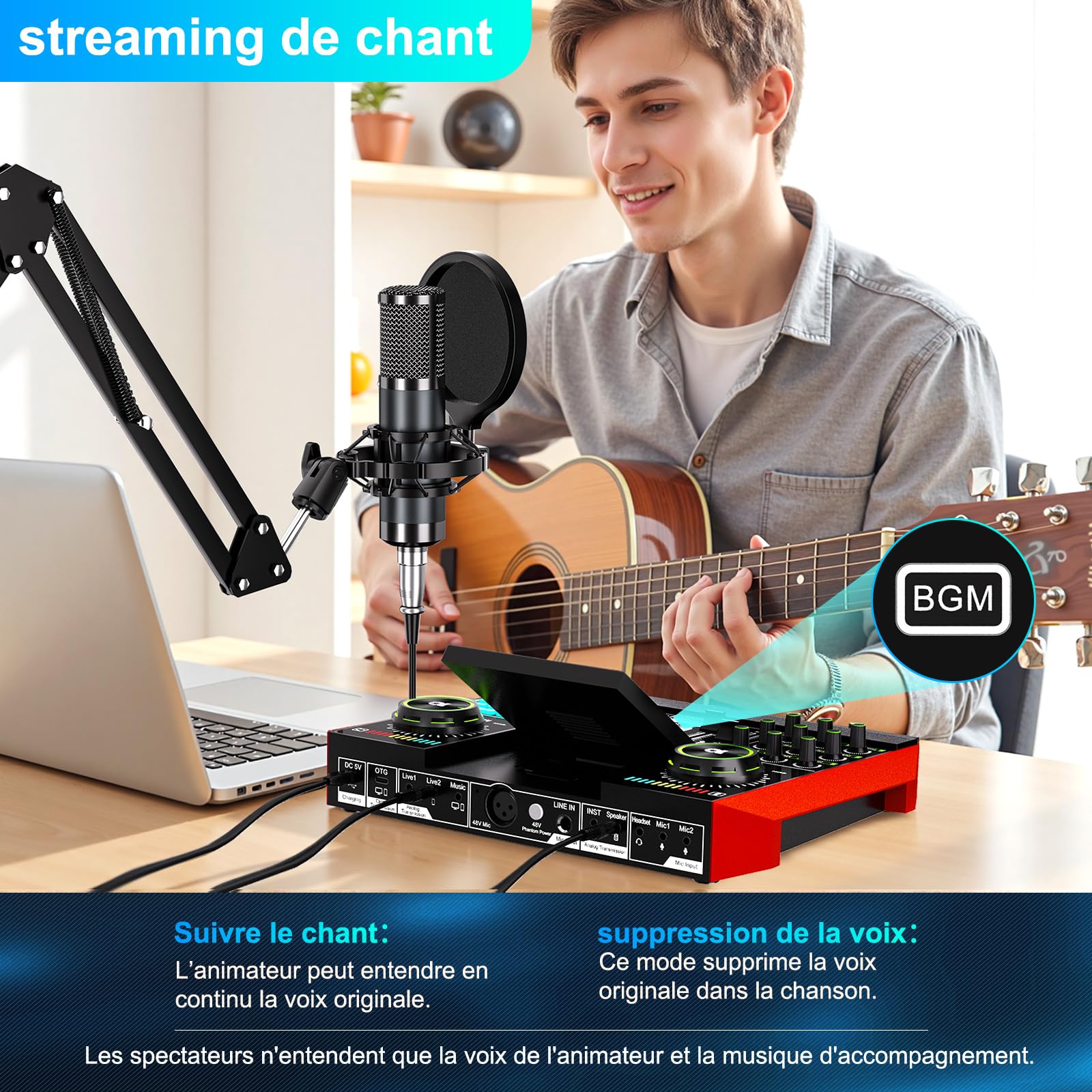 TENLAMP Kit Podcast avec Microphone Condensateur 3,5 mm et Table de Mixage Audio, Équipement Streaming avec Changeur de Voix, Réduction du Bruit pour Streaming, Gaming, Chant et Création de Contenu