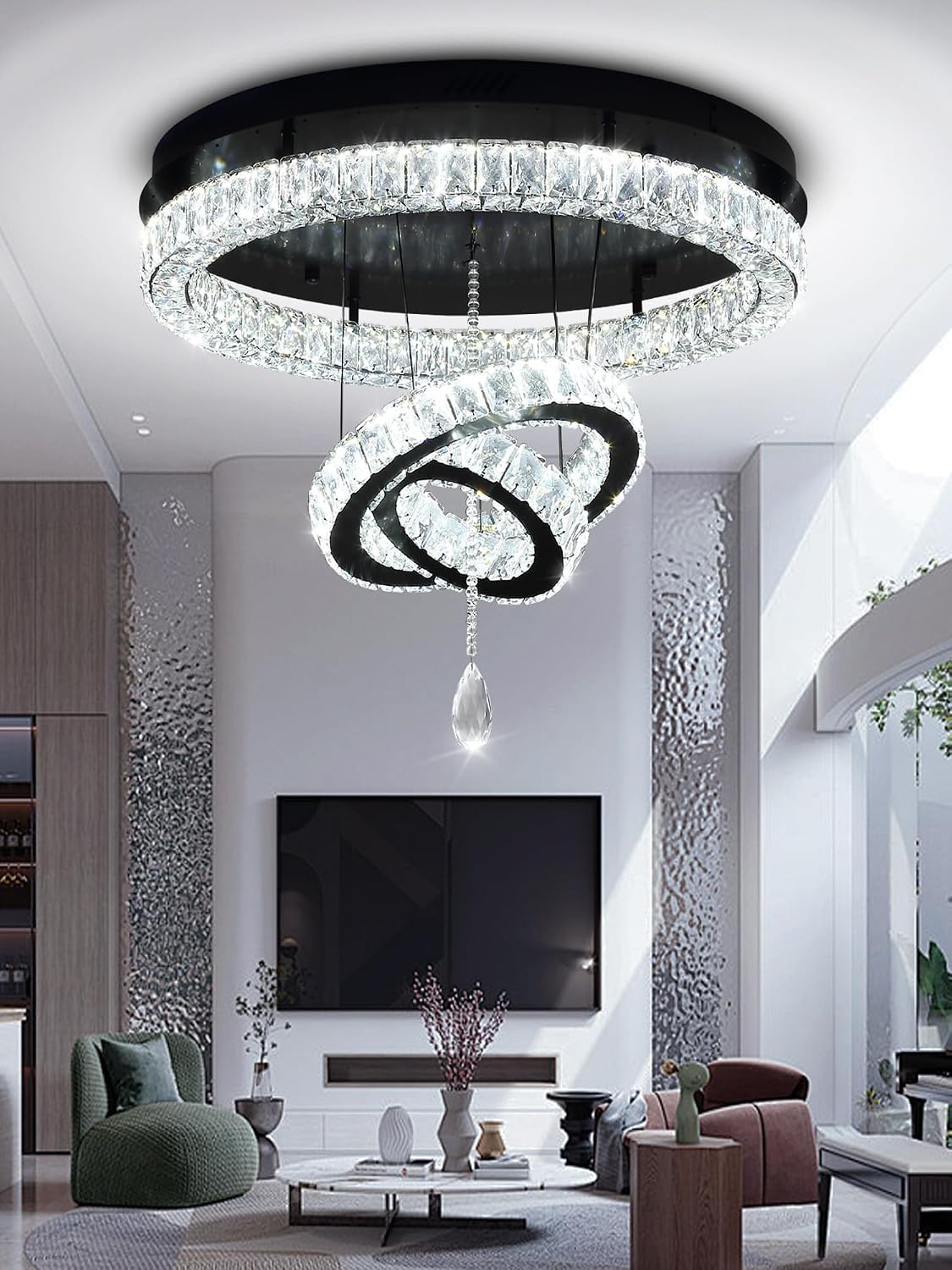 Flashing God Dia 32'' Modern Chandeliers for Living Room Crystal Flush Mount Ceiling Chandelier Large Chandeliers for Dining Room Bedroom LED Dimmable 3000-6000K Black