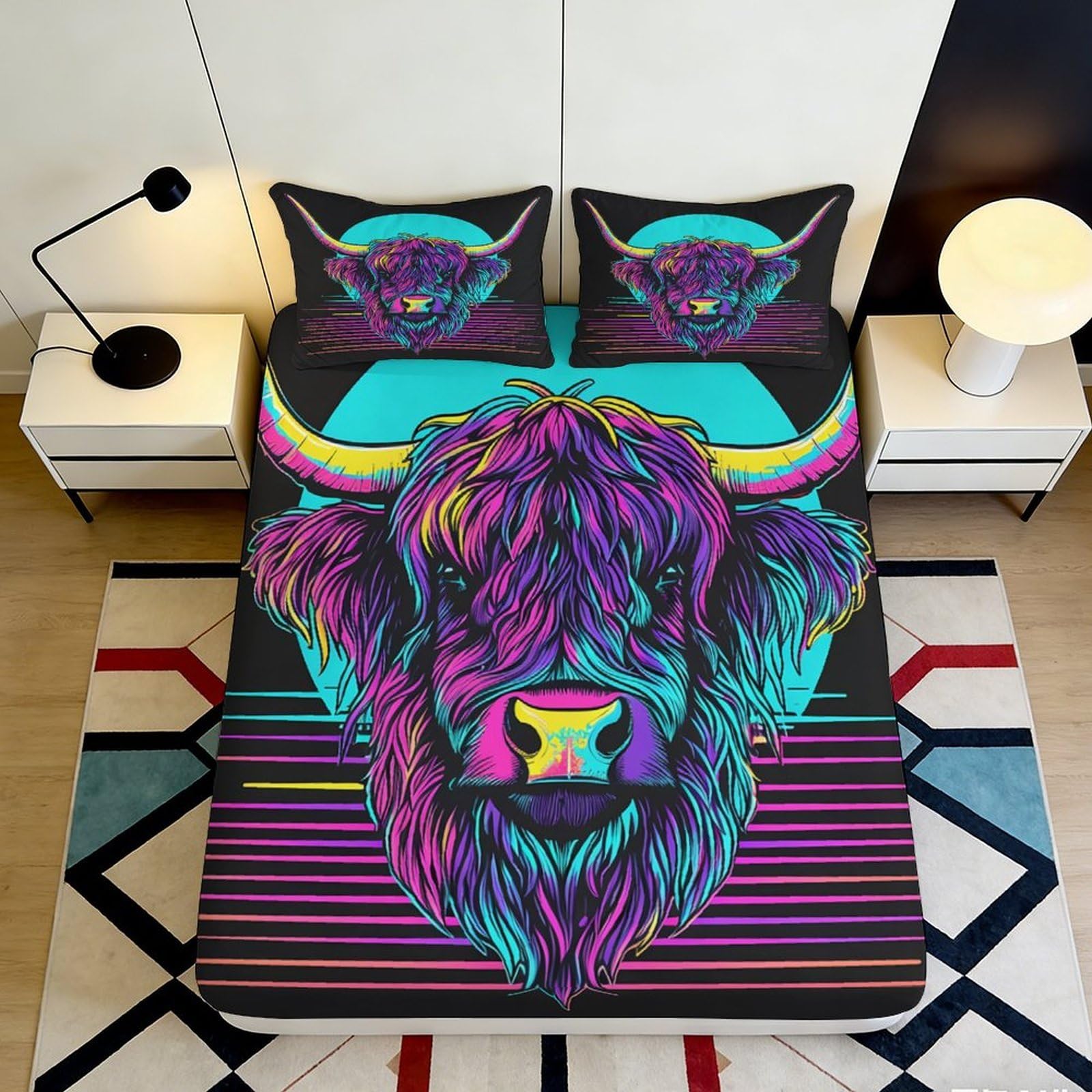 Jqzkxnhpbr Style-7 3D Printed Neon Buffalo Fitted Sheet Microfiber Soft Breathable Psychedelic Animal Mattress Cover For Bedroom Dorm Decor 90X200x25cm