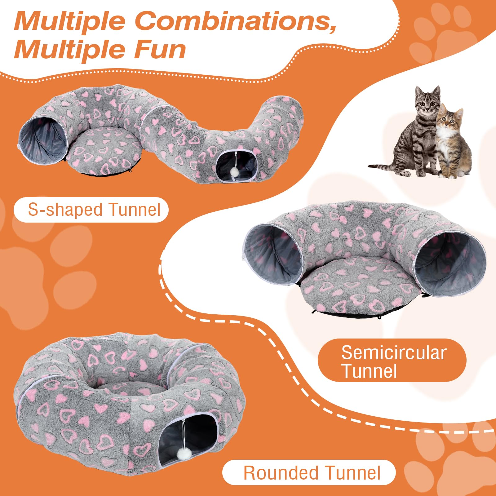 Tivray Tunnel per Gatti sotto L'albero di Natale, Letto-Tunnel in Peluche 90 cm con Palla Giocattolo e Cuscino Circolare, Grotta Interattiva Peekaboo, Regalo di Natale e Coniglietti, Grigio&Cuori