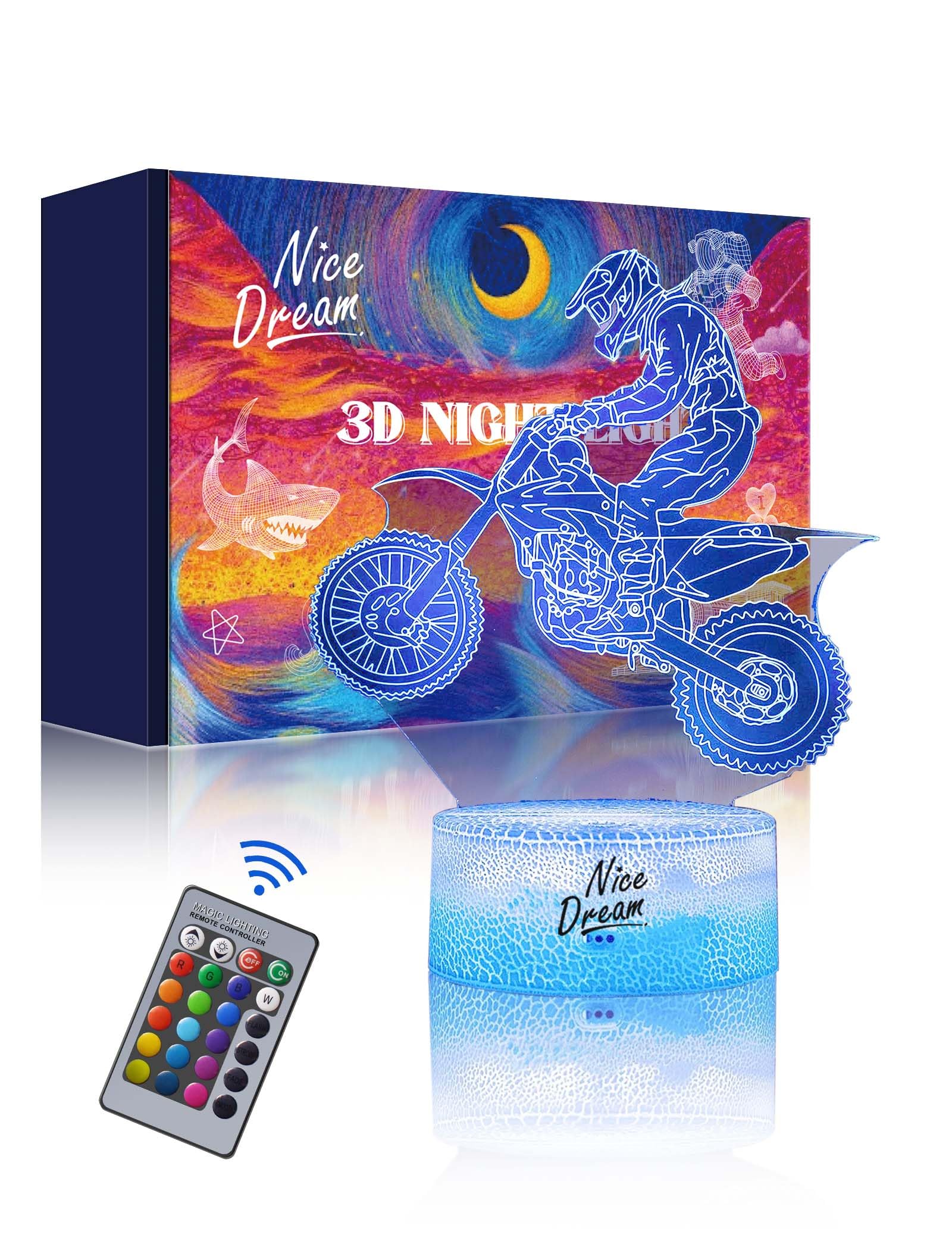 Nice Dream Luce Notturna Moto per Bambini, Lampada Illusion 3D Luce LED per Camerette, Telecomando 16 Cambia Colore Dimmerabile, Regali di Natale per Ragazze Ragazzi Camera da Letto