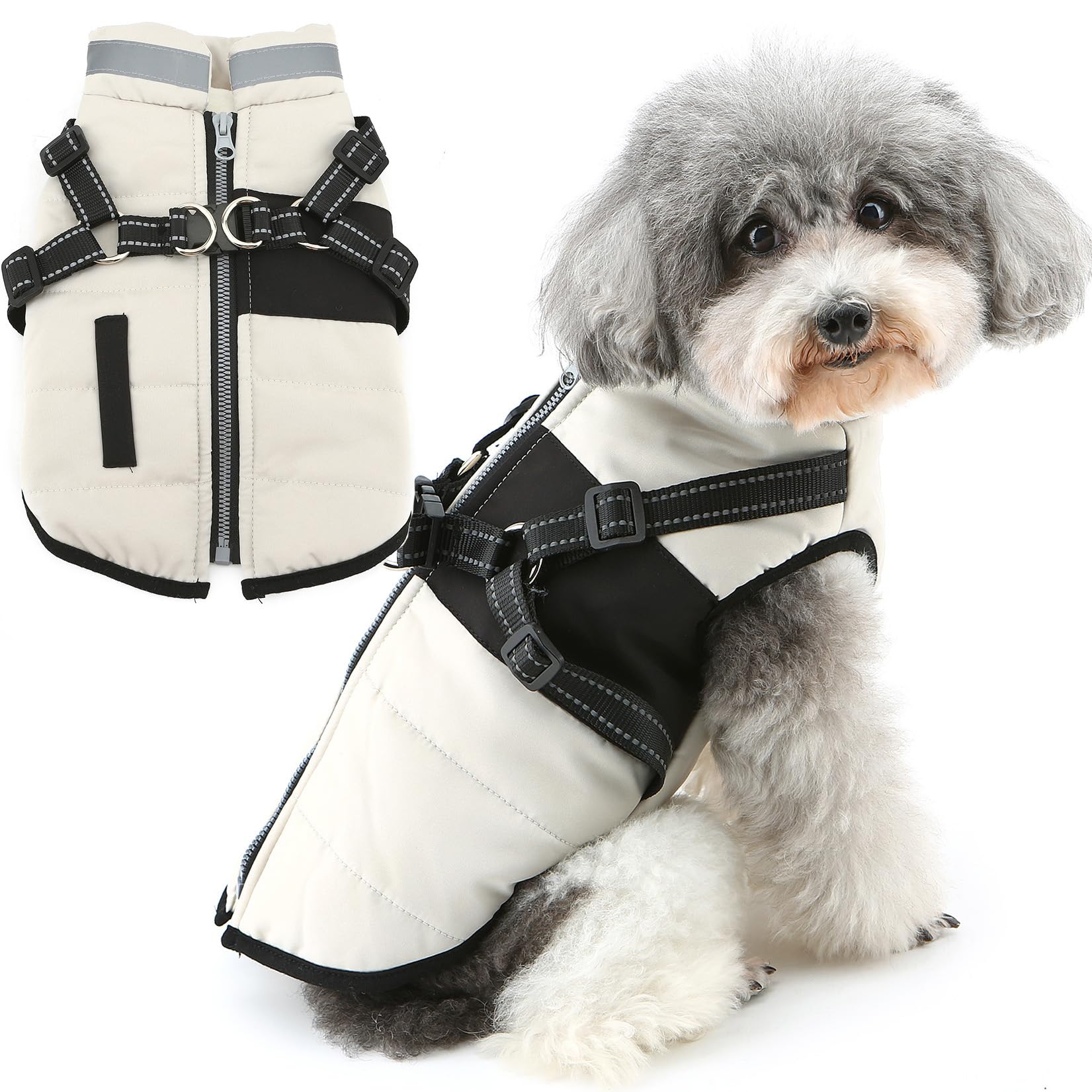 Zunea Dog Jacket Coats with Harness for Small Dogs Winter Clothes Beige, XL