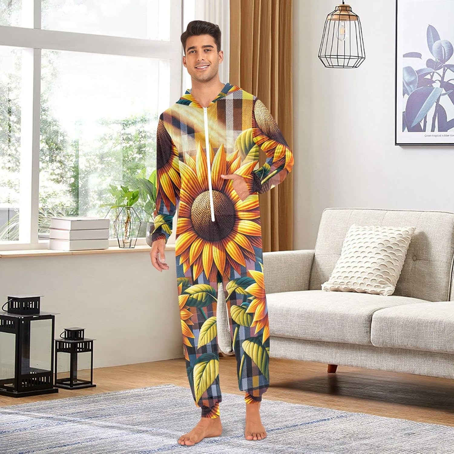 GAIREG Sunflowers Plaid Adult Onesie Pajamas, Soft Hooded One Piece Jumpsuit for Men Women Zip Front