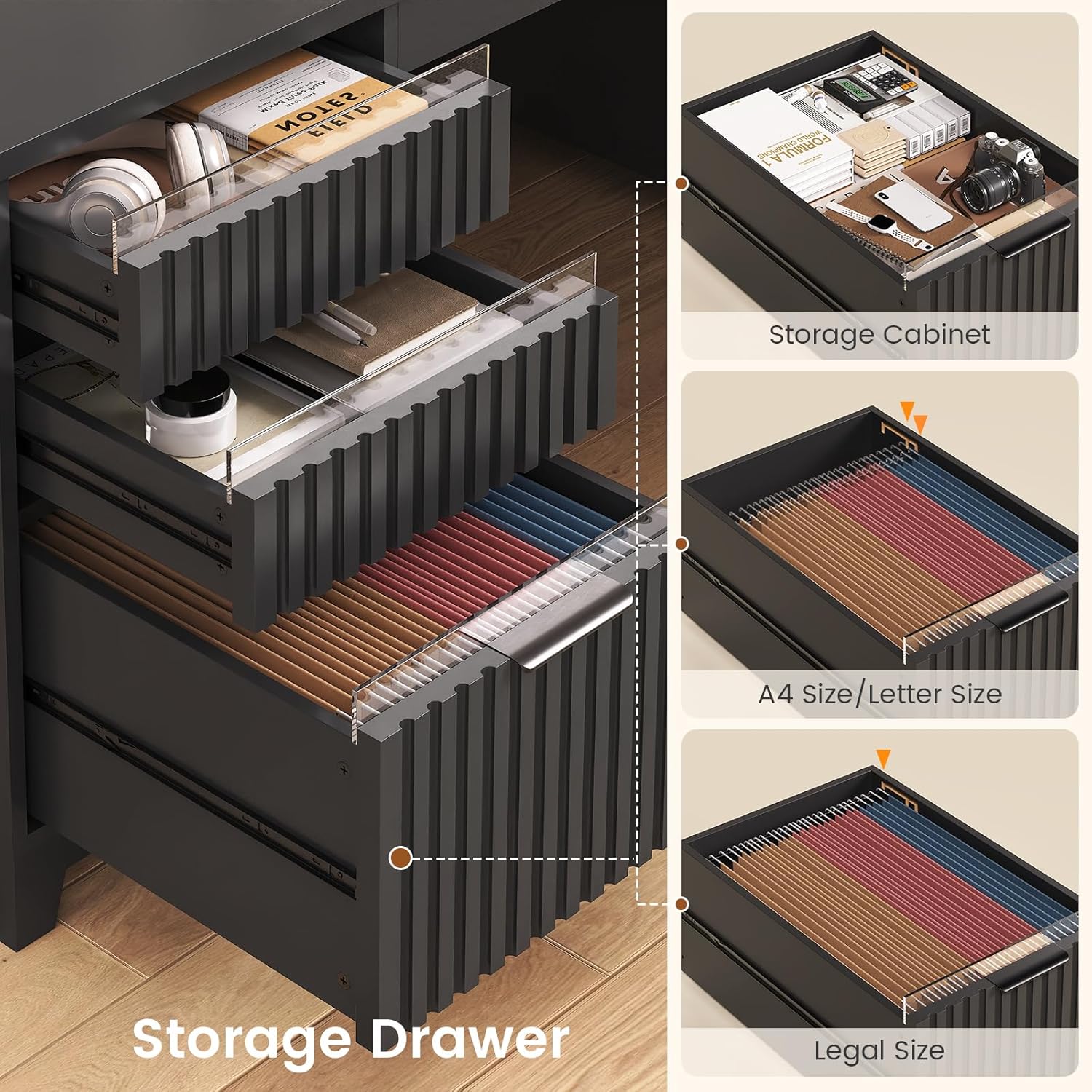 SEDETA 55.1" Fluted Office Desk with 6 Drawers, Modern Executive Desk with Acrylic File Drawers, Computer Desk with Power outlets for Home Office and Study (Black)