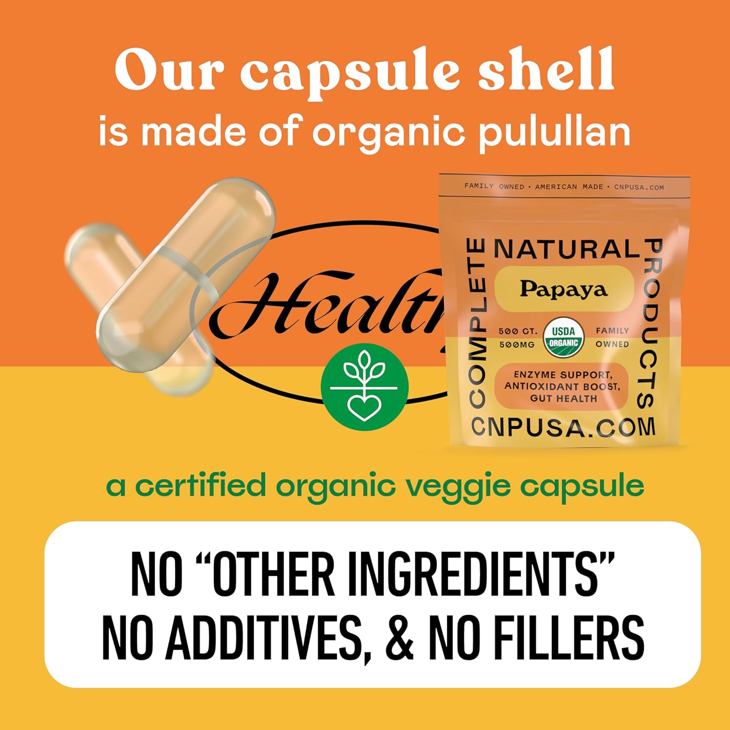Complete Natural Products Papaya Enzyme Capsules 500mg - Organic Enzymes for Digestion with Papain, Vegan Non GMO Herbal Supplement Made USA, Fast Absorbing Digestive Support - 500 Capsules