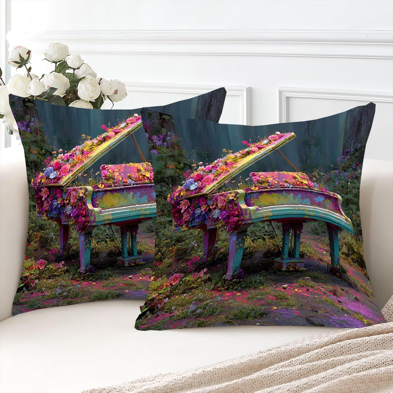 Kwiaty Zestaw 2 poszewek na poduszki Sofa Dekoracyjne Poszewki na poduszki Miękkie lniane poszewki na poduszki Luksusowy styl Sofa Sypialnia 60 x 60 cm Poszewki na poduszki na zewnątrz Fortepian 0P