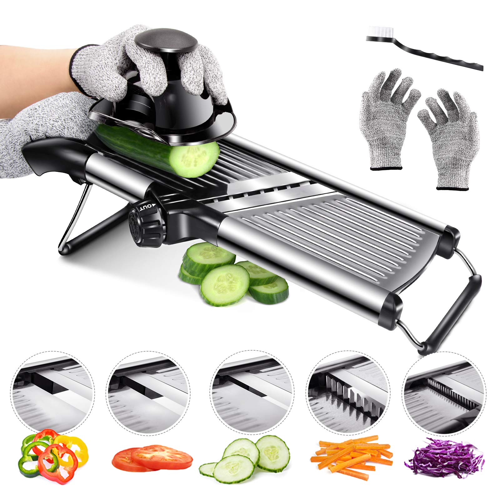 Masthome Mandoline Slicer for Kitchen, Adjustable Mandoline Vegetable Slicer with Stainless Steel Blade, Kitchen Food Julienne Cutter with Cleaning Brush, Cut Resistant Gloves