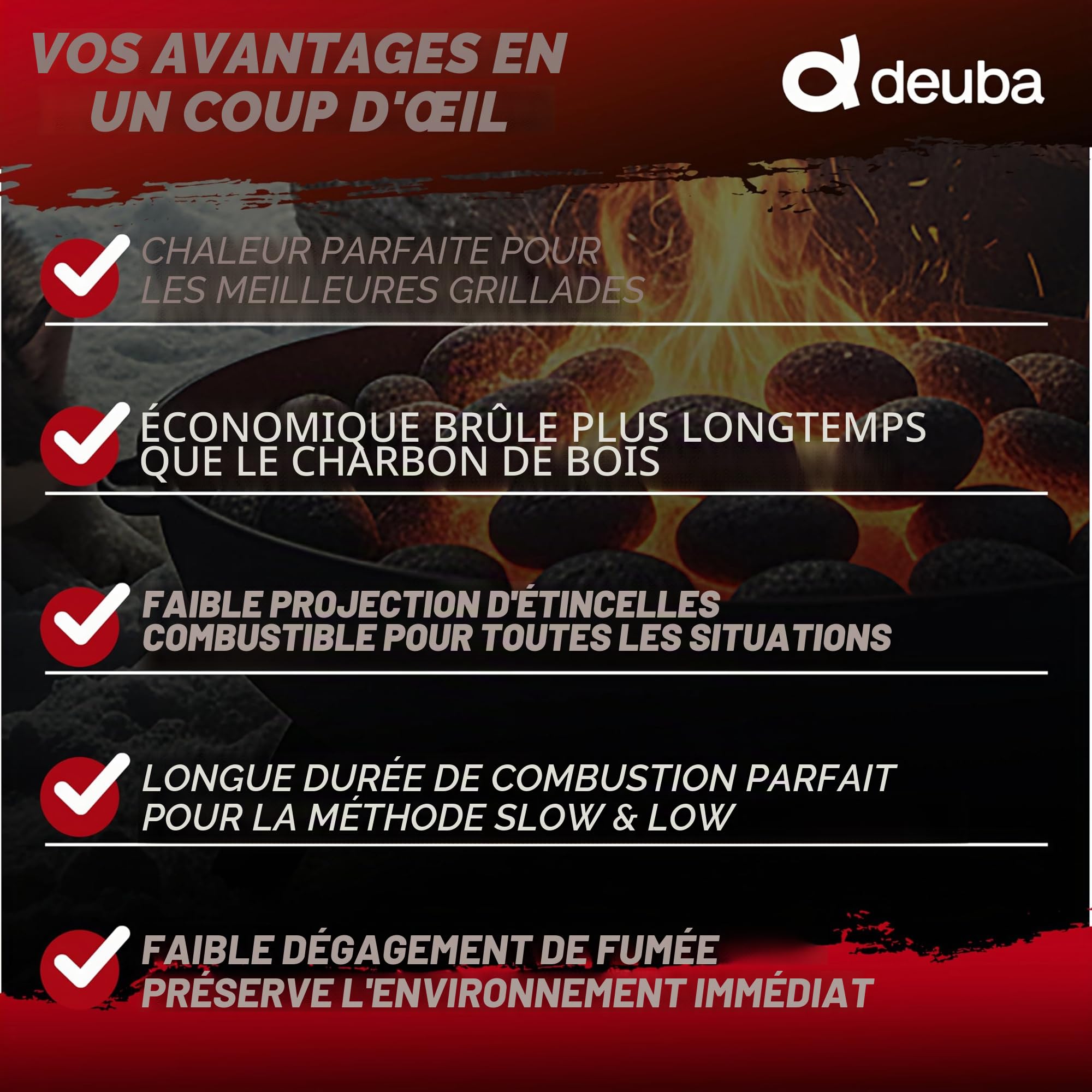 DEUBA® Briquettes de Charbon de Bois 27kg 9x3kg briquettes Bois Longue durée Barbecue BBQ braises Durable Grill briquets Charbon Bois Facile à Allumer