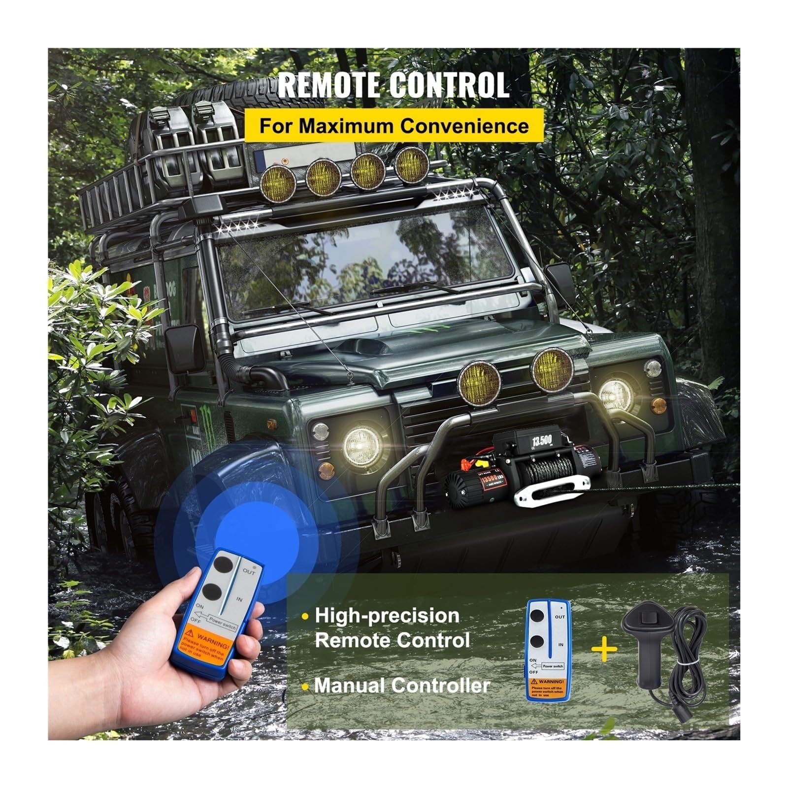 Wyciągarka elektryczna 13500LBS 12V, 92 stopy, liny syntetyczne, pas holowniczy do przyczepy samochodowej 4X4, quada terenowego, z bezprzewodowym sterowaniem
