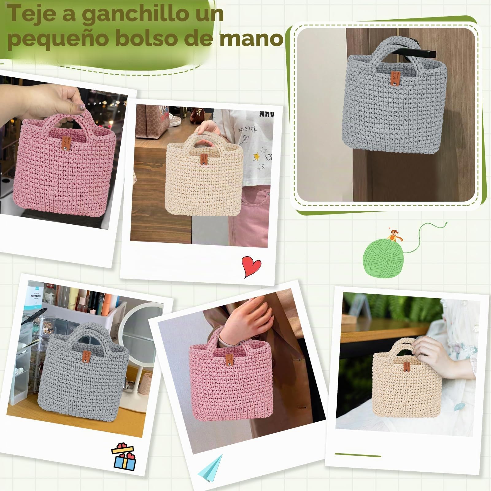 Coopay Juego de ganchillo para principiantes, bolsa de ganchillo con aguja de ganchillo de 4,5 mm, instrucciones (idioma español no garantizado), lana de 5 mm de grosor para ganchillo, bolso pequeño