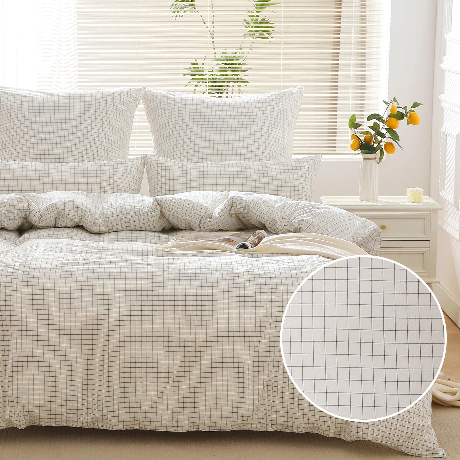 SOULFUL - Funda nórdica de 220 x 240 cm, algodón con 2 fundas de almohada de 65 x 65 cm, 100% algodón lavado, certificado Öko-Tex, color blanco, juego de cama Vichy para 2 personas, 220 x 240 cm