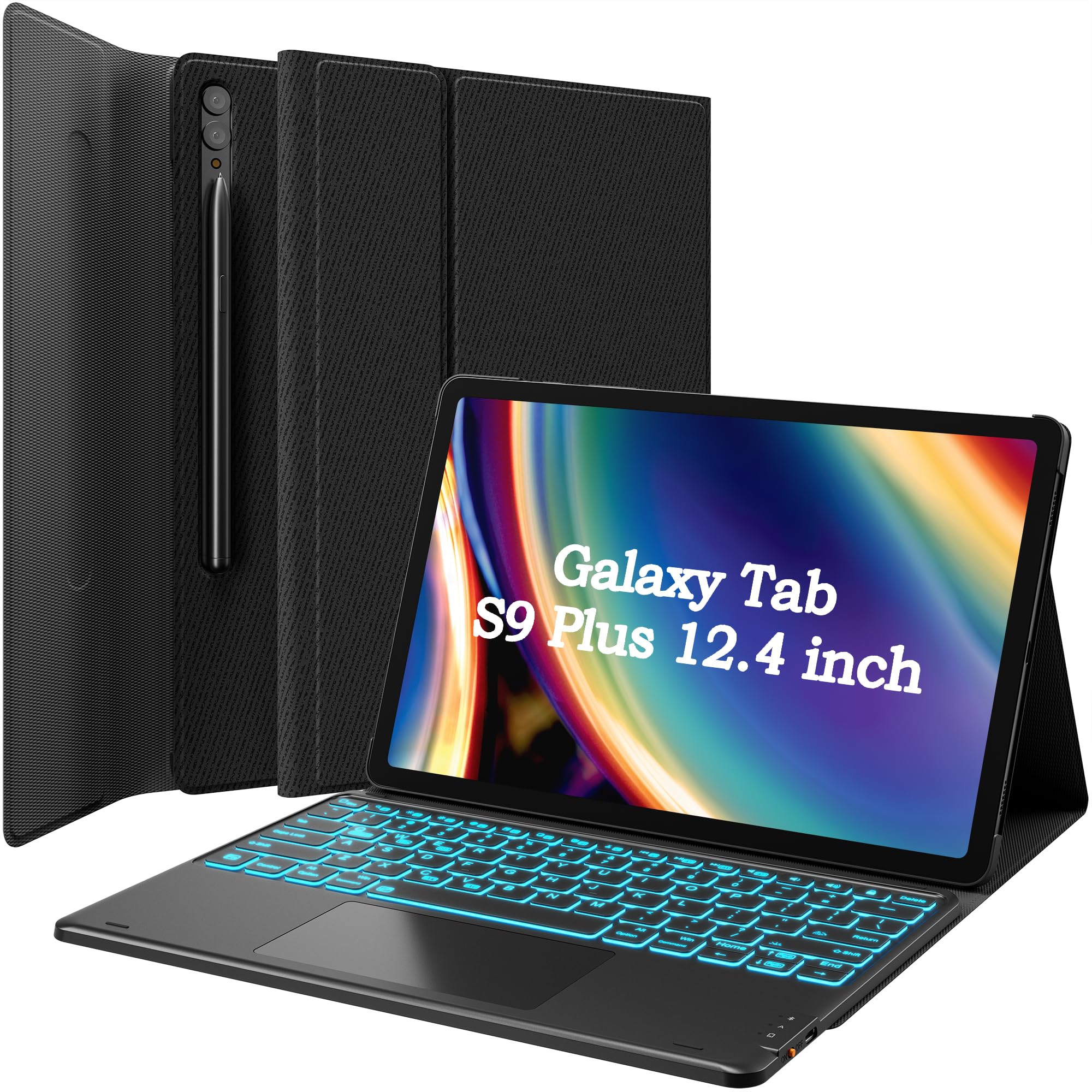 GreenLaw Galaxy Tab S9 Plus Keyboard Case, 7-Color Backlit, Smart Touchpad, Magnetic Detachable Keyboard Case with S Pen Holder for Samsung Galaxy Tab S9+ Plus (SM-X810/X816B/X818U) Black