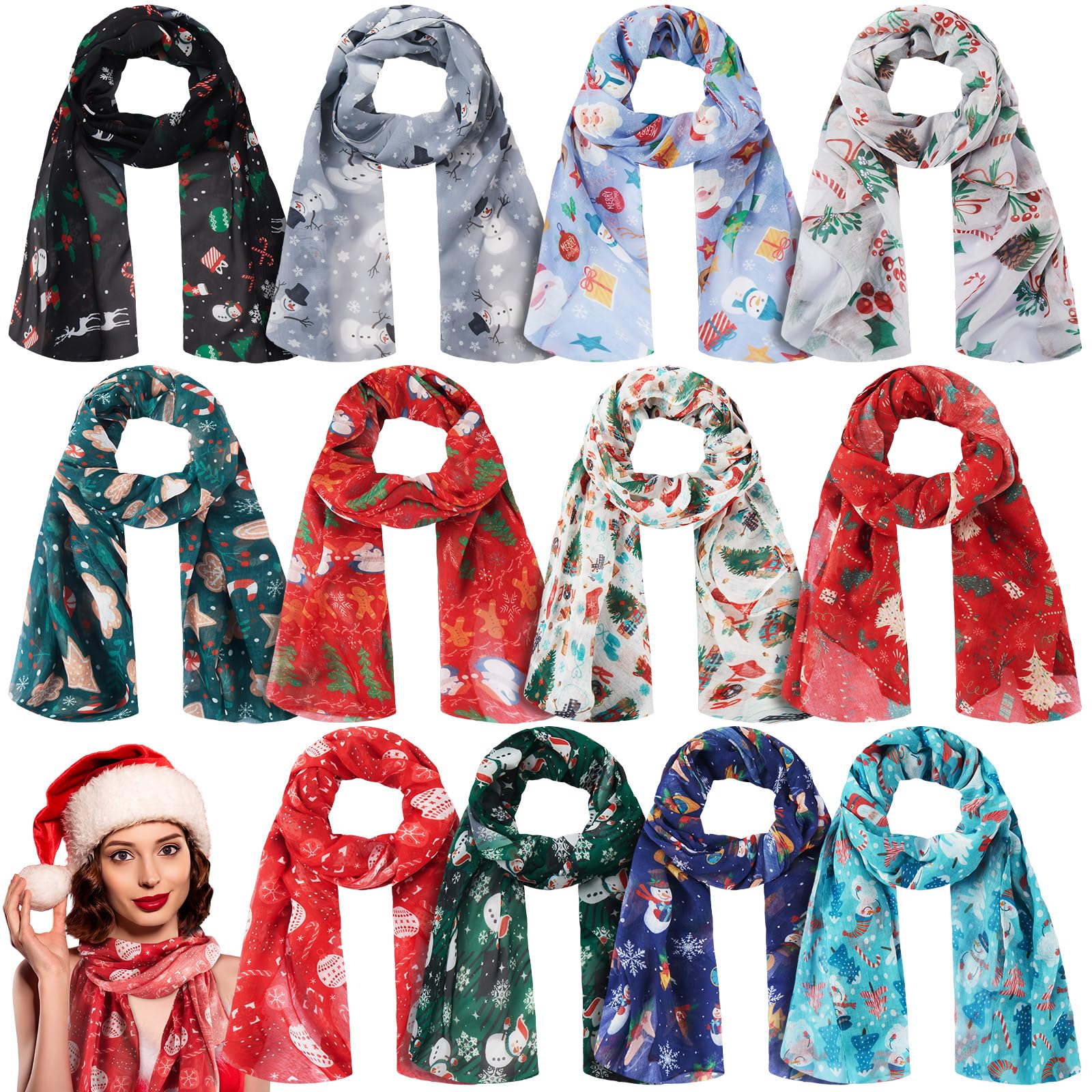 Liitrsh 12 Pcs Christmas Chiffon Scarves for Women Lightweight Christmas Santa Voile Snowflake Soft Scarf for Winter Gift