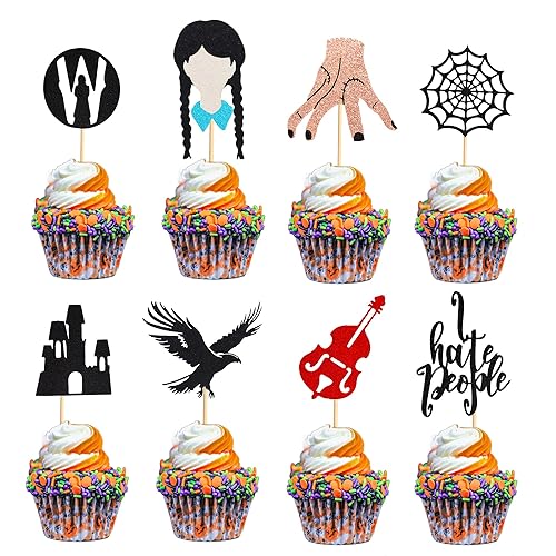 24 piezas de decoración de cupcakes de terror Wednesday Addams Thing Hand Black Eagle I Hate People Cobweb Castle Girl Addams Family Cupcake Picks