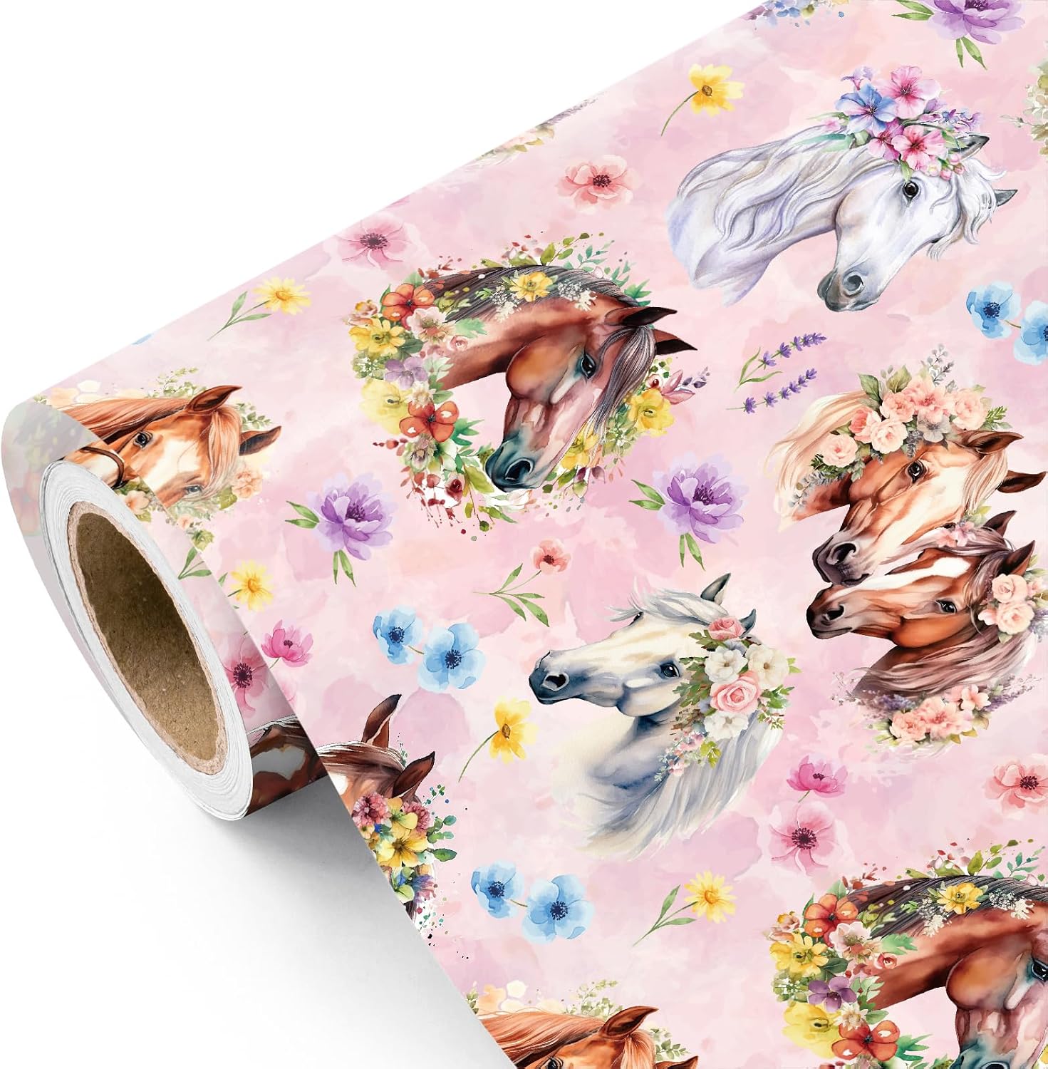 WRAPAHOLIC Horse Birthday Wrapping Paper Roll - Mini Roll - 17 Inch x 16.5 Feet - Watercolor Horse Wrapping Paper with Gifts and Confetti Design for Birthday, Cowgirl Cowboy Party, Horse Lovers