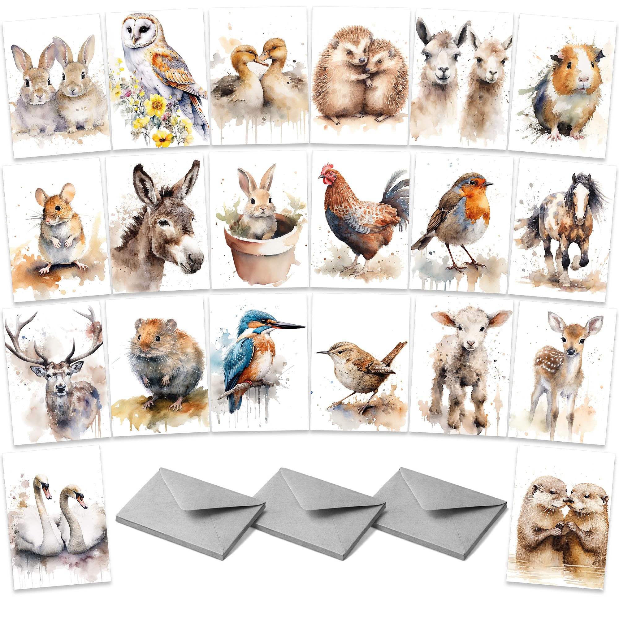 Animal Wildlife Everyday Greeting Card Multipack, Set of 20 Cards, Featuring Charming Watercolour Animal Paintings, For Birthday, Just Because, Anniversary, Thank You - Blank Inside with Envelopes