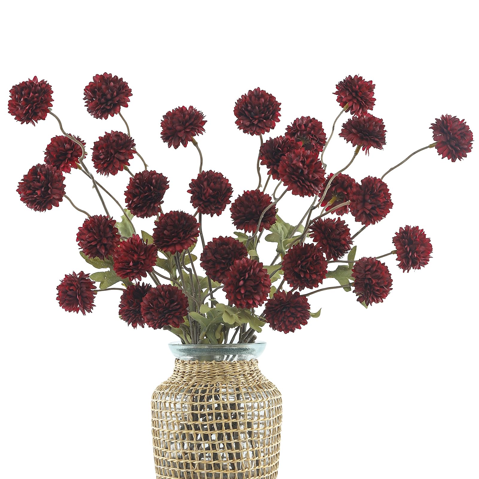 DuHouse 6pcs Artificial Pompon Mum Flowers with Stems, Faux Silk Mini Chrysanthemum Ball for Home Decoration, Bouquets, Table Centrepieces, DIY Floral Crafts(Burgundy) — image 1