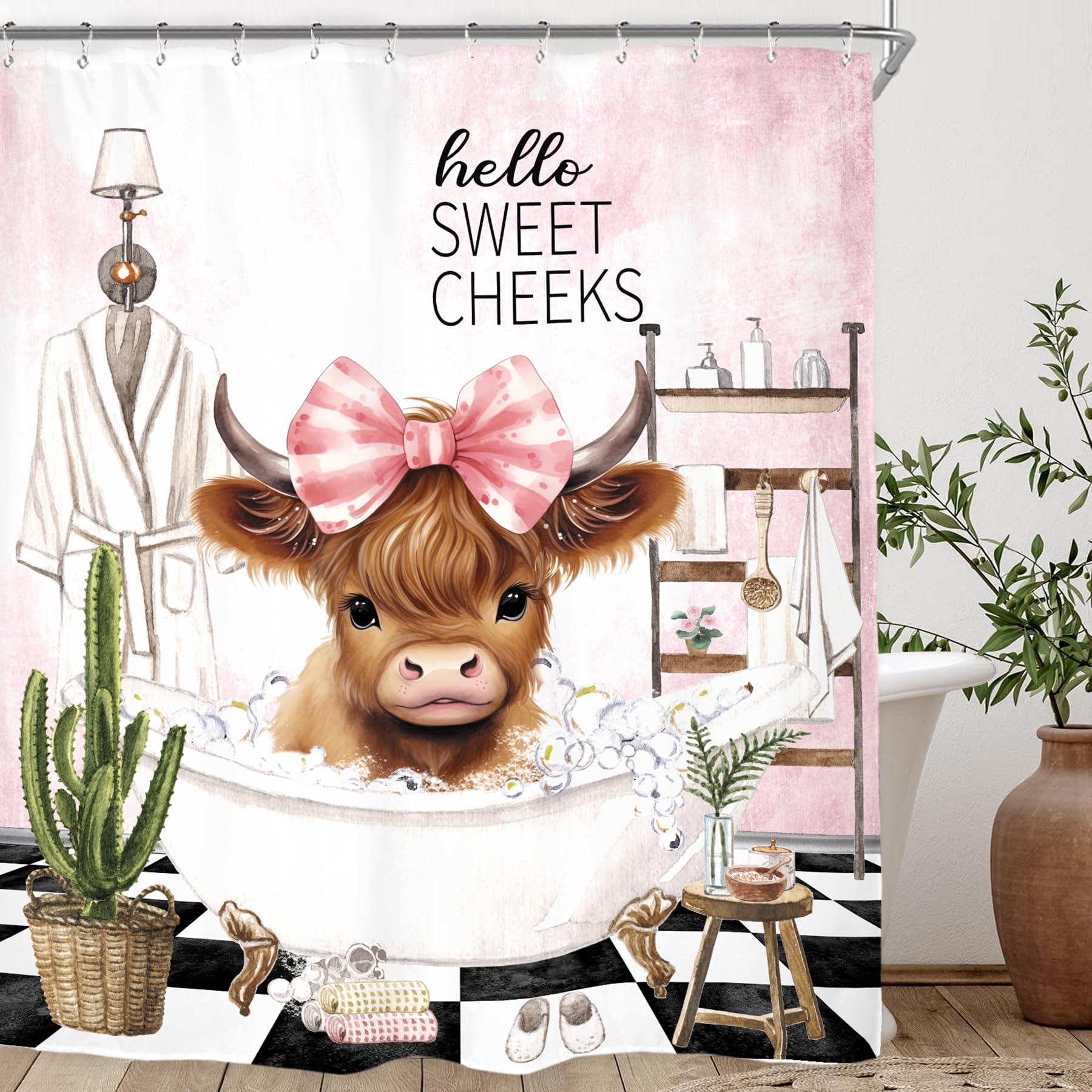 Highland Cow Duschvorhang – Lustiges Tier-Motiv, Wasserdicht, 183x183 Cm, Mit 12 Haken, Polyester