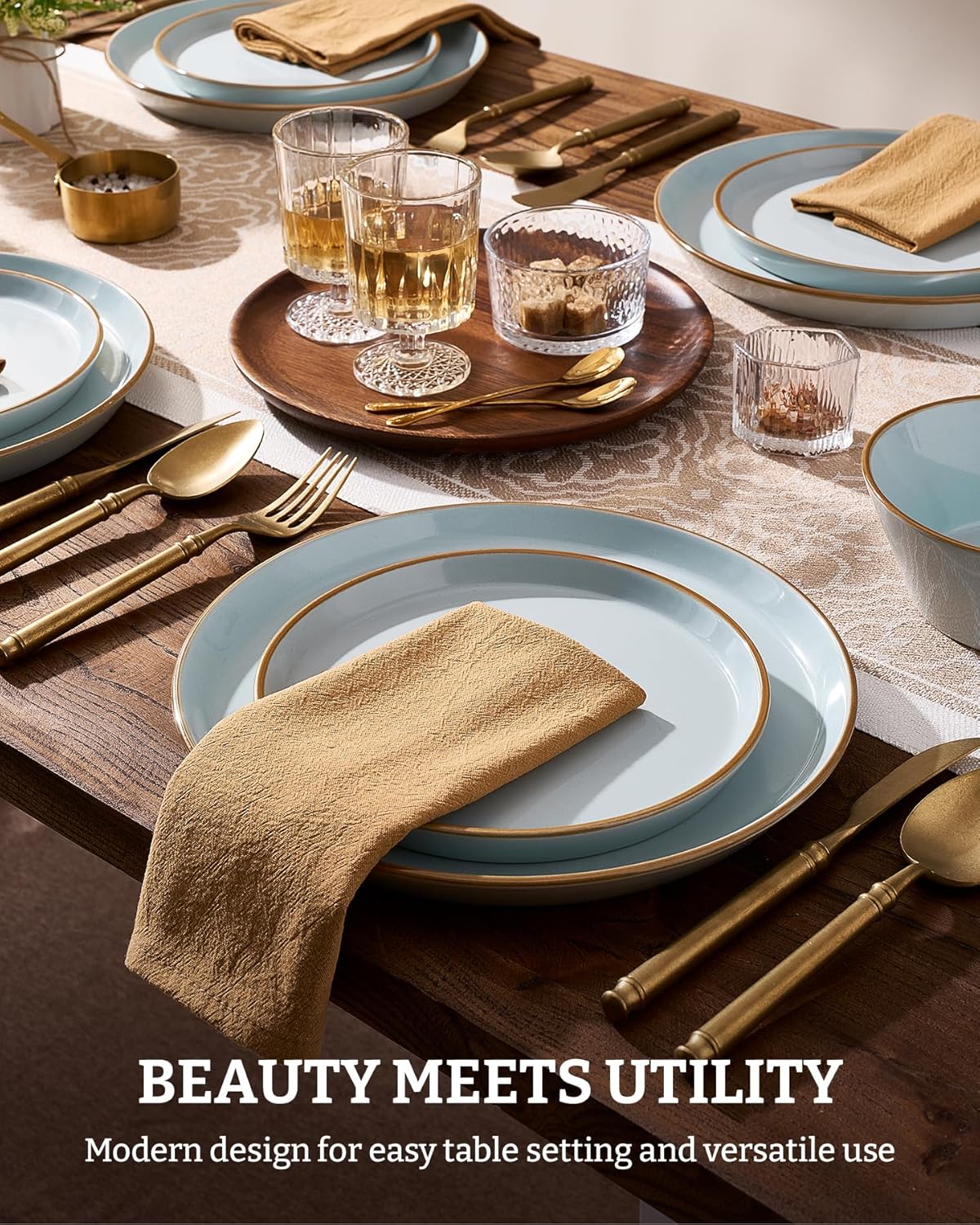 Famiware Saturn Dinnerware Sets, Plates and Bowls Sets for 4, 12 Pieces Stoneware Dish Set - Chip and Scratch Resistant, Microwave and Dishwasher Safe Tableware Set, Light Blue with Rim - Image 3