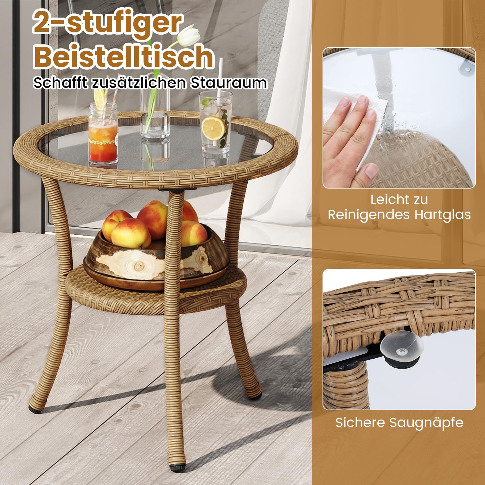 COSTWAY Zestaw mebli ogrodowych rattanowych, meble balkonowe, mały balkon, 3-częściowy zestaw balkonowy z 2 krzesłami z poduszkami i stołem, meble tarasowe, zestaw mebli ogrodowych dla 2 osób, zestaw