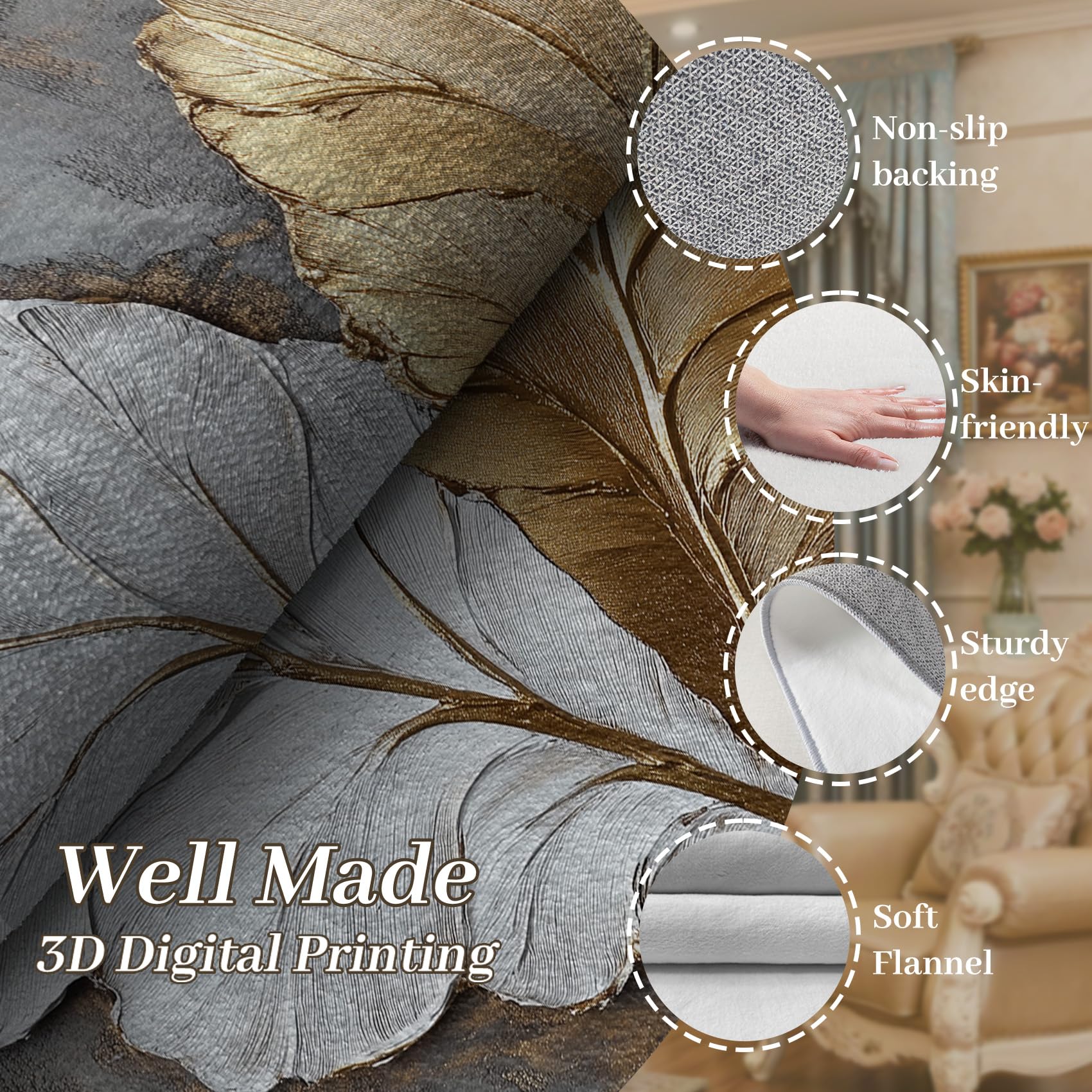 3D Effekt Teppich Waschbar, Modern Luxus Blatt Teppich 80x150 cm, Herzn Kunst rutschfest Waschbar Pflegeleicht Teppiche Für Schlafzimmer Küche, Grau Weiß Gold