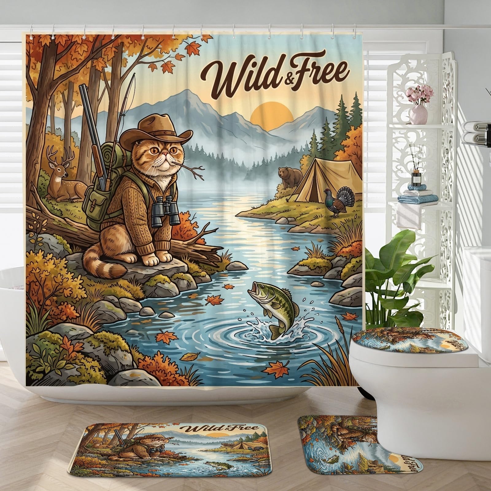 Rideau de douche chat exotique avec tapis de couvercle de toilette assortis