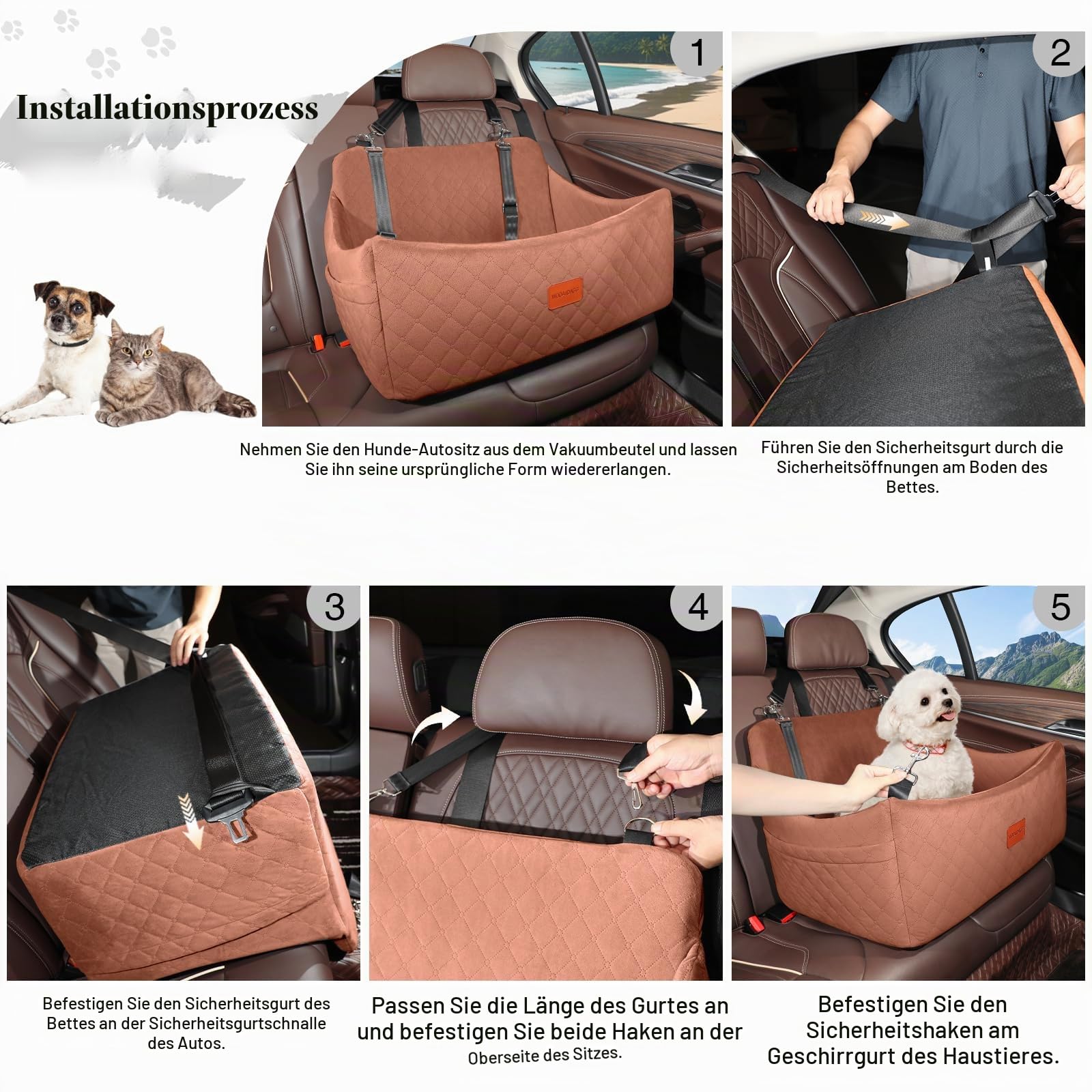 Wooaidagg Dog Car Seat for Large Size Dog Up to 55lbs,Easy to Install Car Dog Bed with Super Soft Fabic and Filling in Memory Foam,Fully Detachable and Washable Pet Car Seat(Brown,Large)